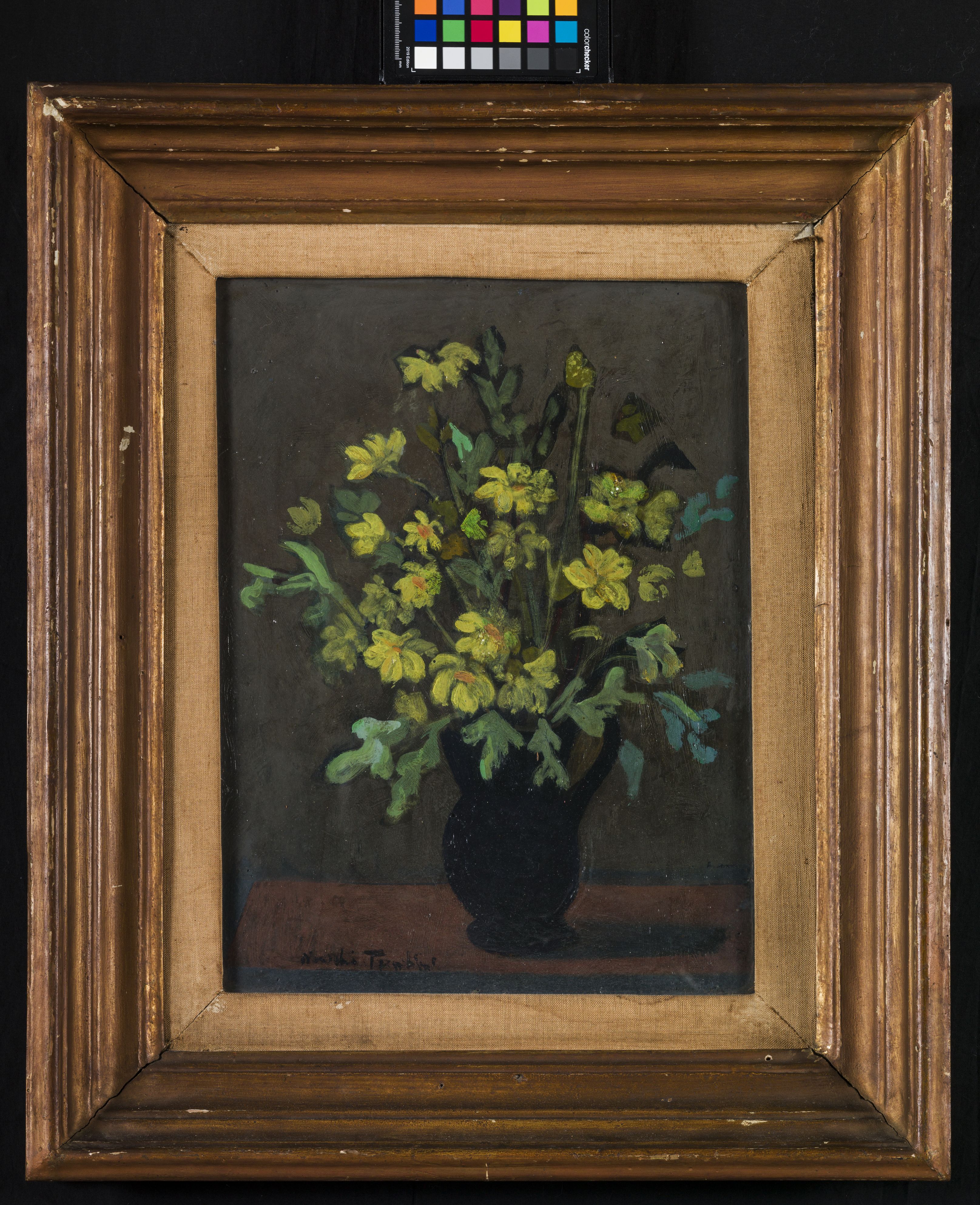 Fiori gialli, vaso con fiori (dipinto, opera isolata) di Trentini Nurdio (sec. XX)