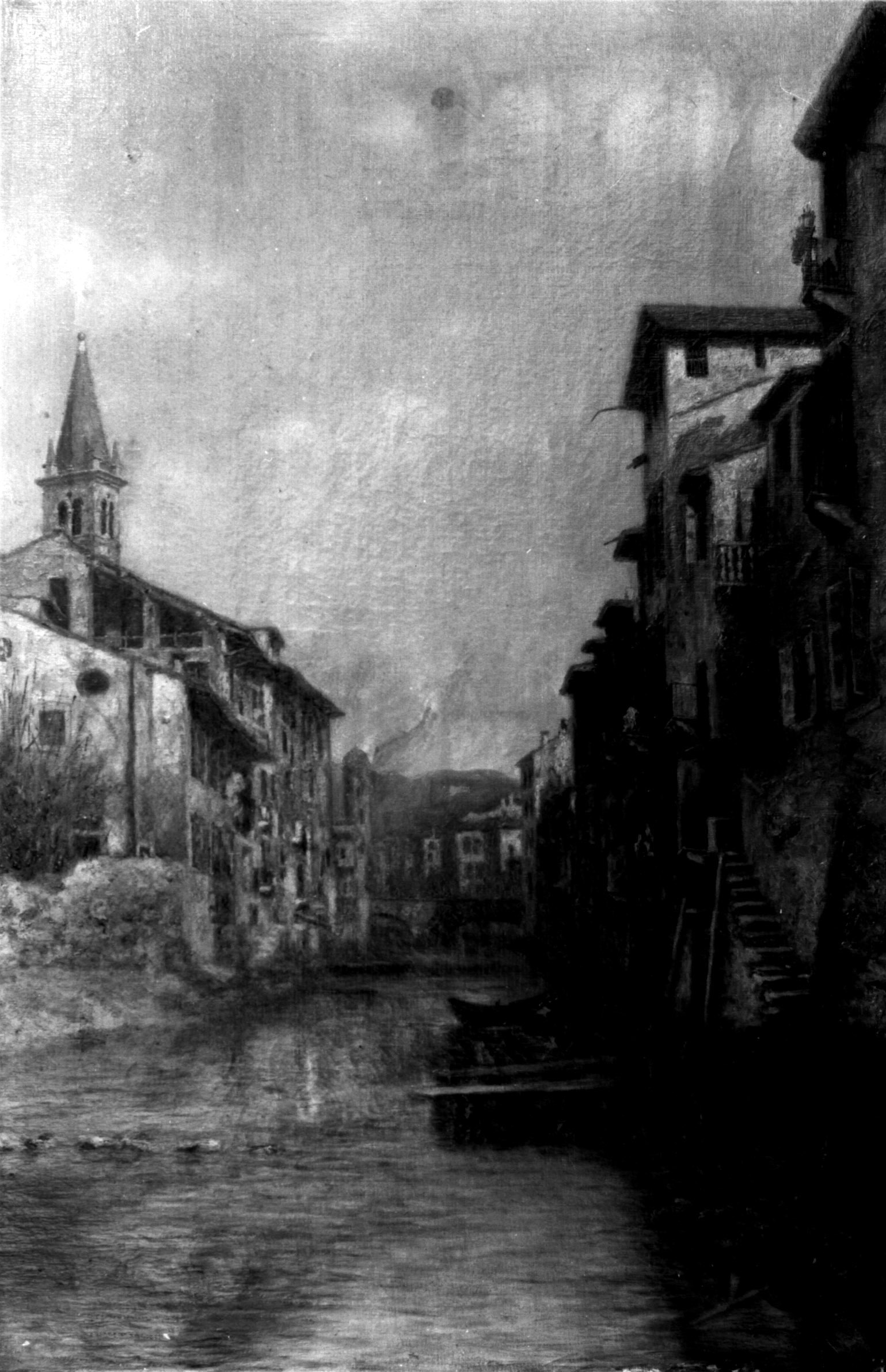 Adigetto, veduta di un canale fra case (dipinto, opera isolata) di autore ignoto - cultura veneta (sec. XIX)
