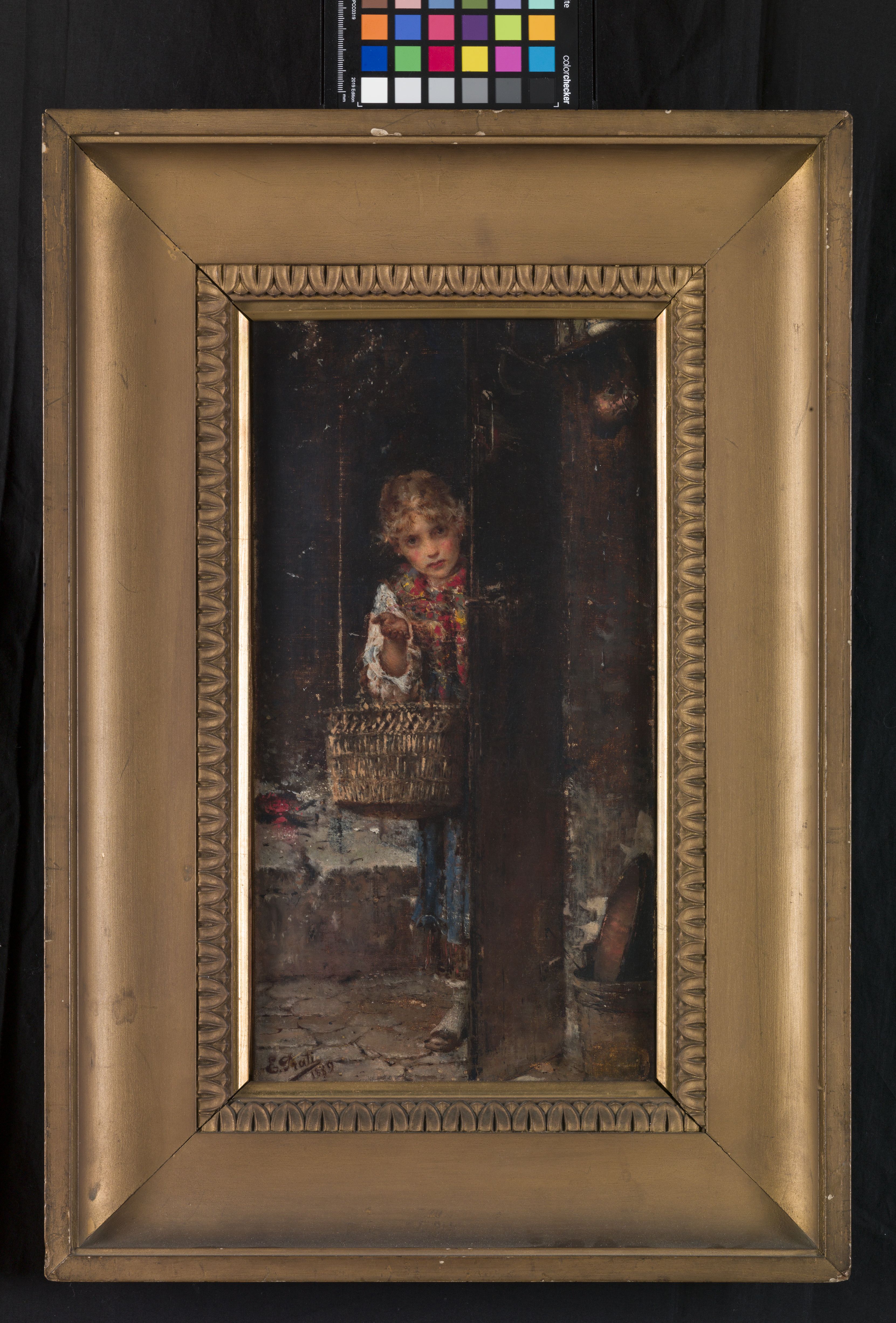 Mendicante, figura di fanciulla con cesto al braccio (dipinto, opera isolata) di Prati Eugenio (sec. XIX)