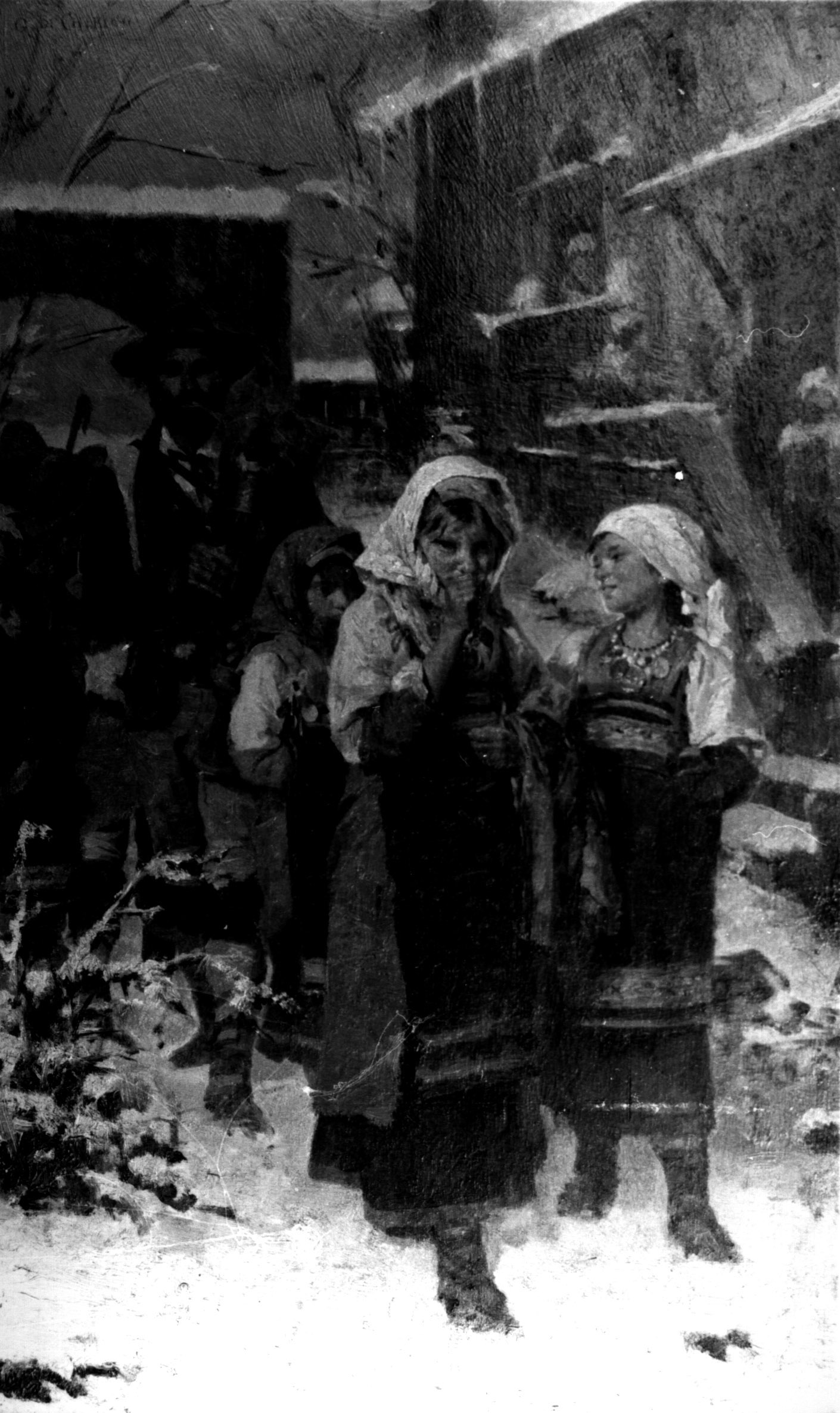 Zampognari: il ritorno in paese, veduta di via innevata con zampognari e bambine in costume (dipinto, opera isolata) di Di Chirico Giacomo (sec. XIX)