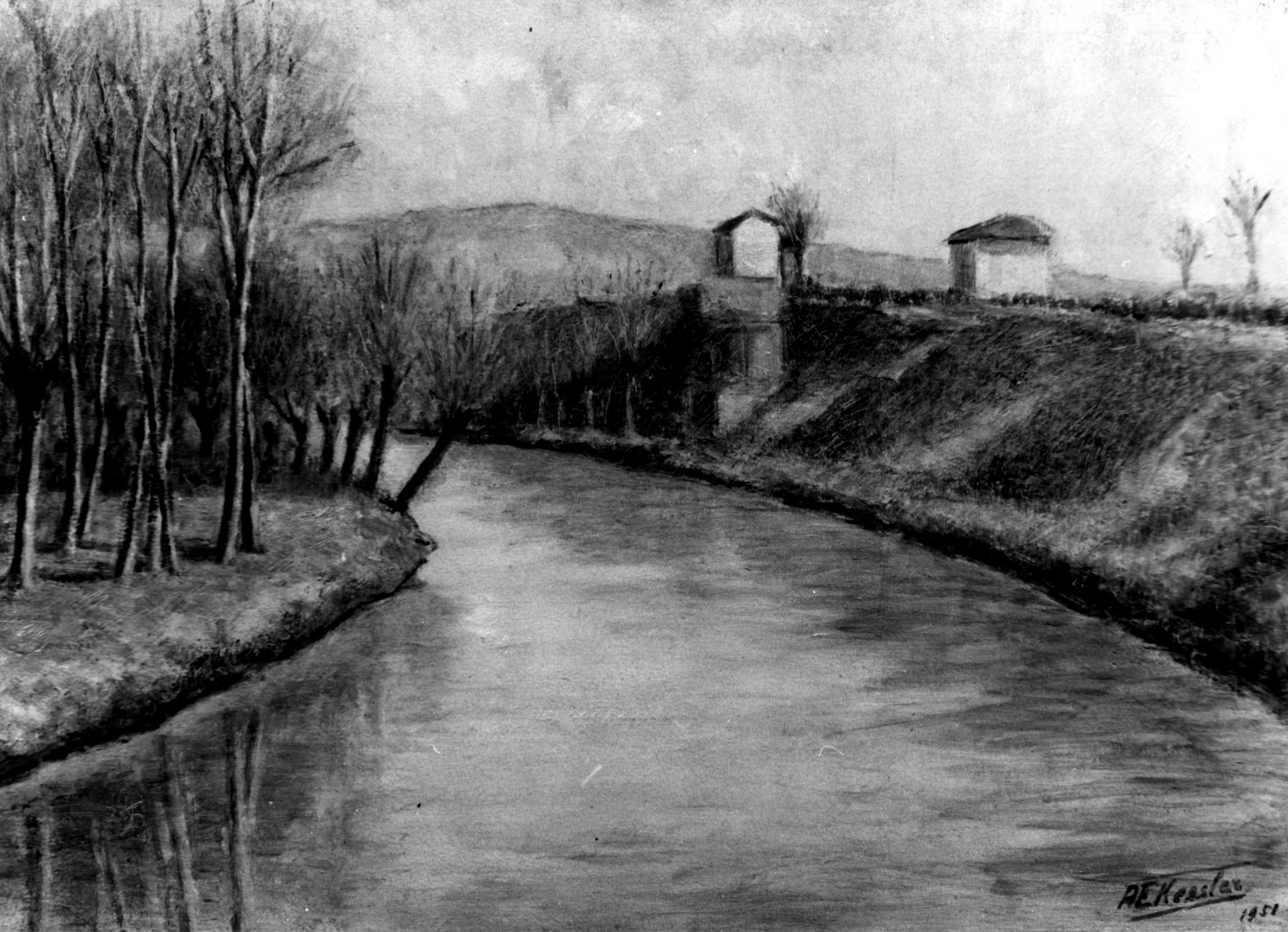 L'Adige, veduta del fiume Adige con alberi e due casette (dipinto, opera isolata) di Kessler Aldo Ettore (sec. XX)