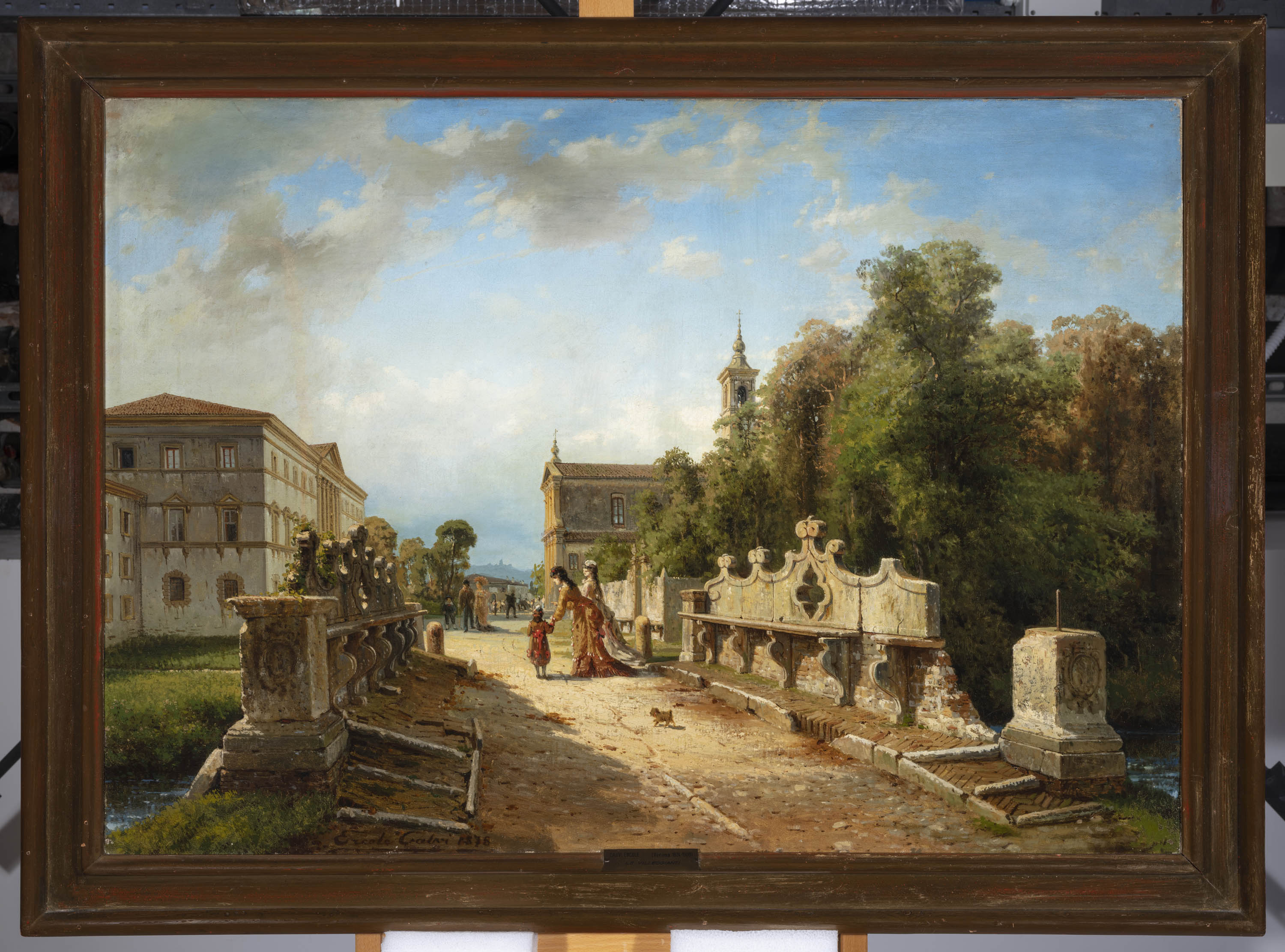 Le villeggianti, veduta di strada di campagna con villa, chiesa e persone (dipinto, opera isolata) di Calvi Ercole (sec. XIX)