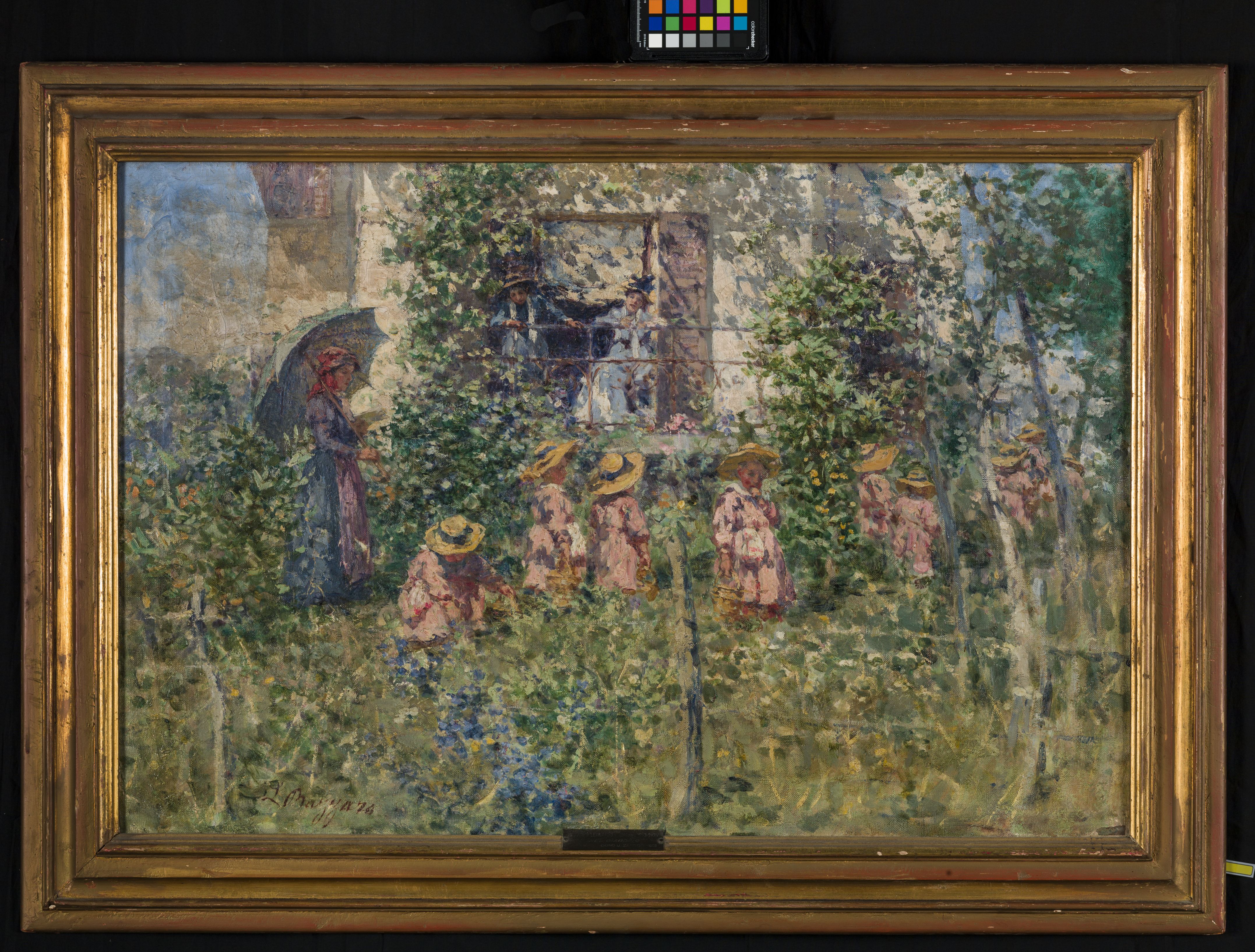 Nel giardino, gruppo di bambine e donna con parasole in giardino (dipinto, opera isolata) di Bazzaro Leonardo - ambito lombardo (sec. XX)