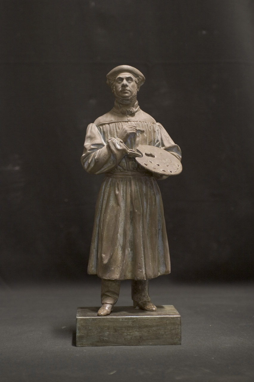 Giuseppe Molteni, figura maschile su piedistallo con tavolozza e pennello (scultura, opera isolata) di Puttinati Alessandro (attribuito) - milanese (sec. XIX)