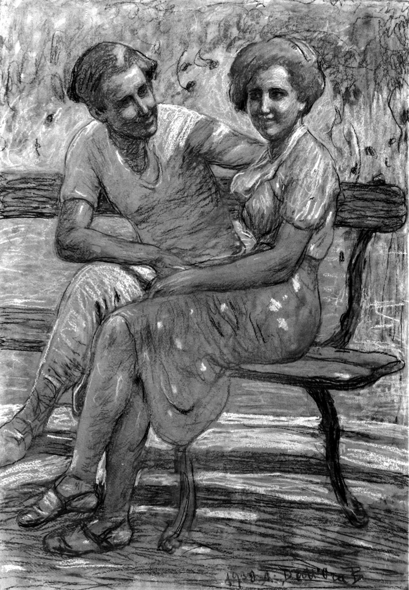 Idillio sulla panchina a Garda, figura di donna e figura di uomo seduti su una panchina (disegno, opera isolata) di Dall'Oca Bianca Angelo (sec. XX)