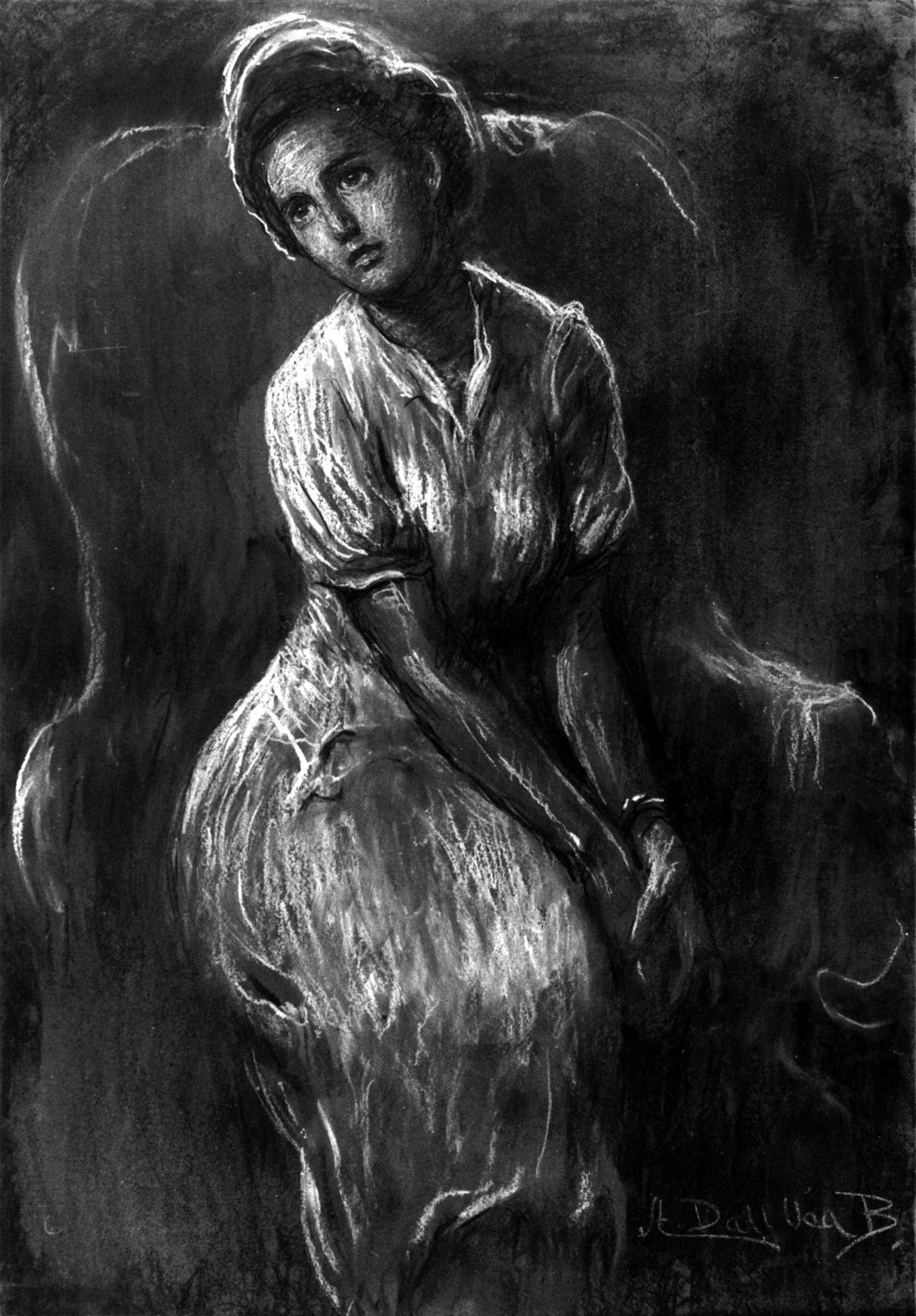 Malinconia, figura di donna seduta (disegno, opera isolata) di Dall'Oca Bianca Angelo (sec. XX)
