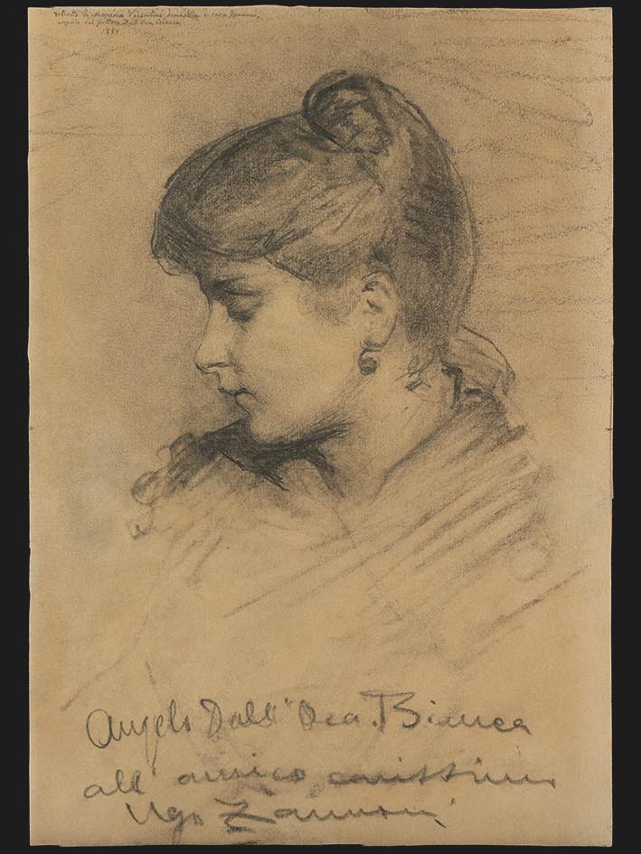 Ritratto della signora Vicentini, testa ritratto femminile di profilo (disegno, opera isolata) di Dall'Oca Bianca Angelo - ambito veronese (sec. XIX)