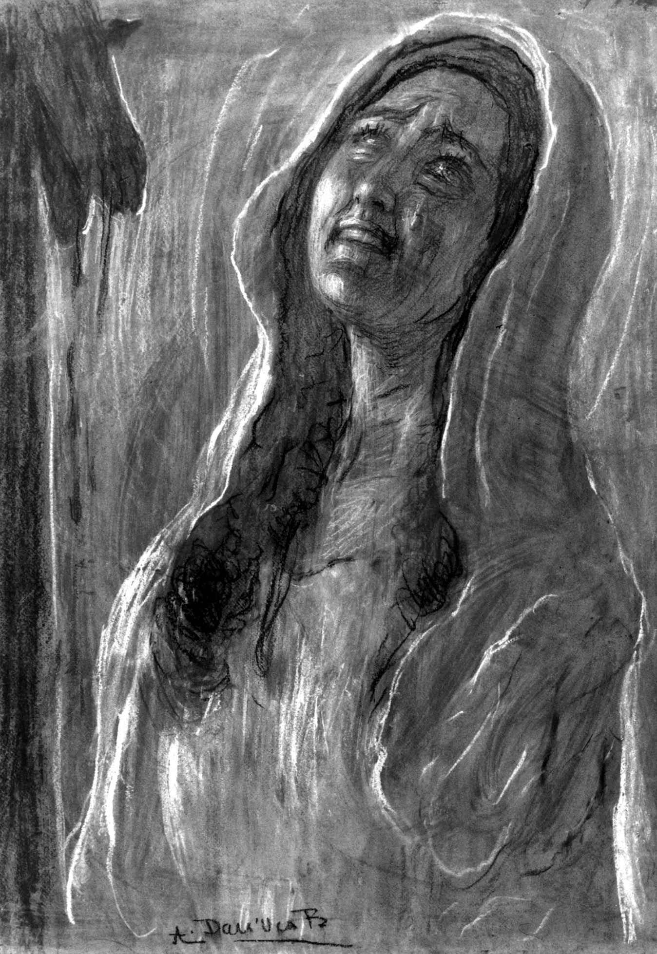 Ai piedi della croce, volto di donna con velo (disegno, opera isolata) di Dall'Oca Bianca Angelo (sec. XX)