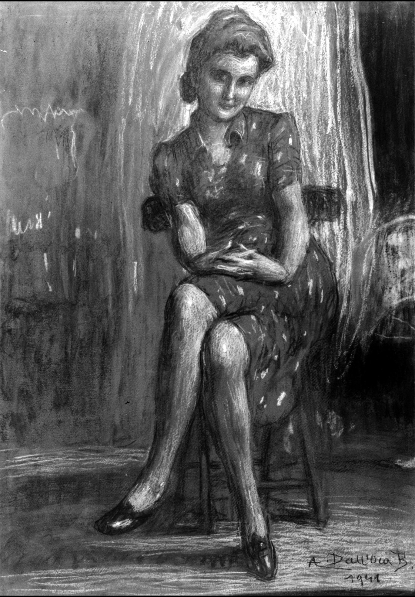 Mentre sto lavorando, figura di donna seduta (disegno, opera isolata) di Dall'Oca Bianca Angelo (sec. XX)