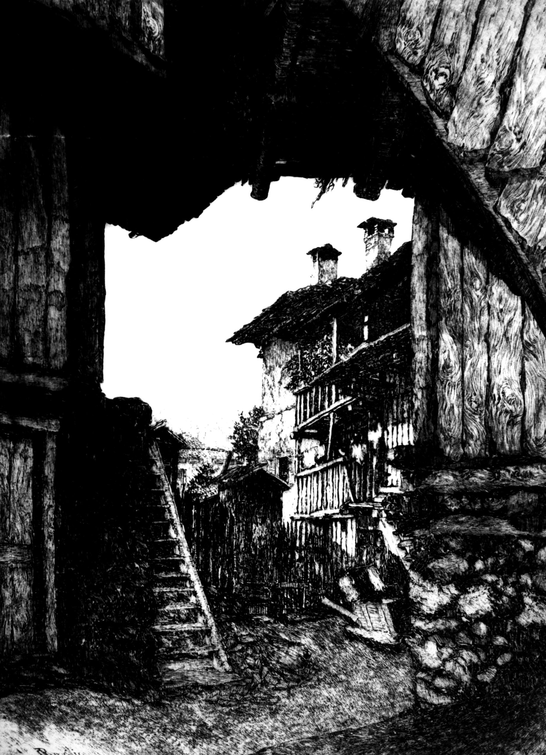 Casolari in Cadore, veduta con cortile con case con ballatoi in legno (stampa) di Broglio Dante (sec. XX)