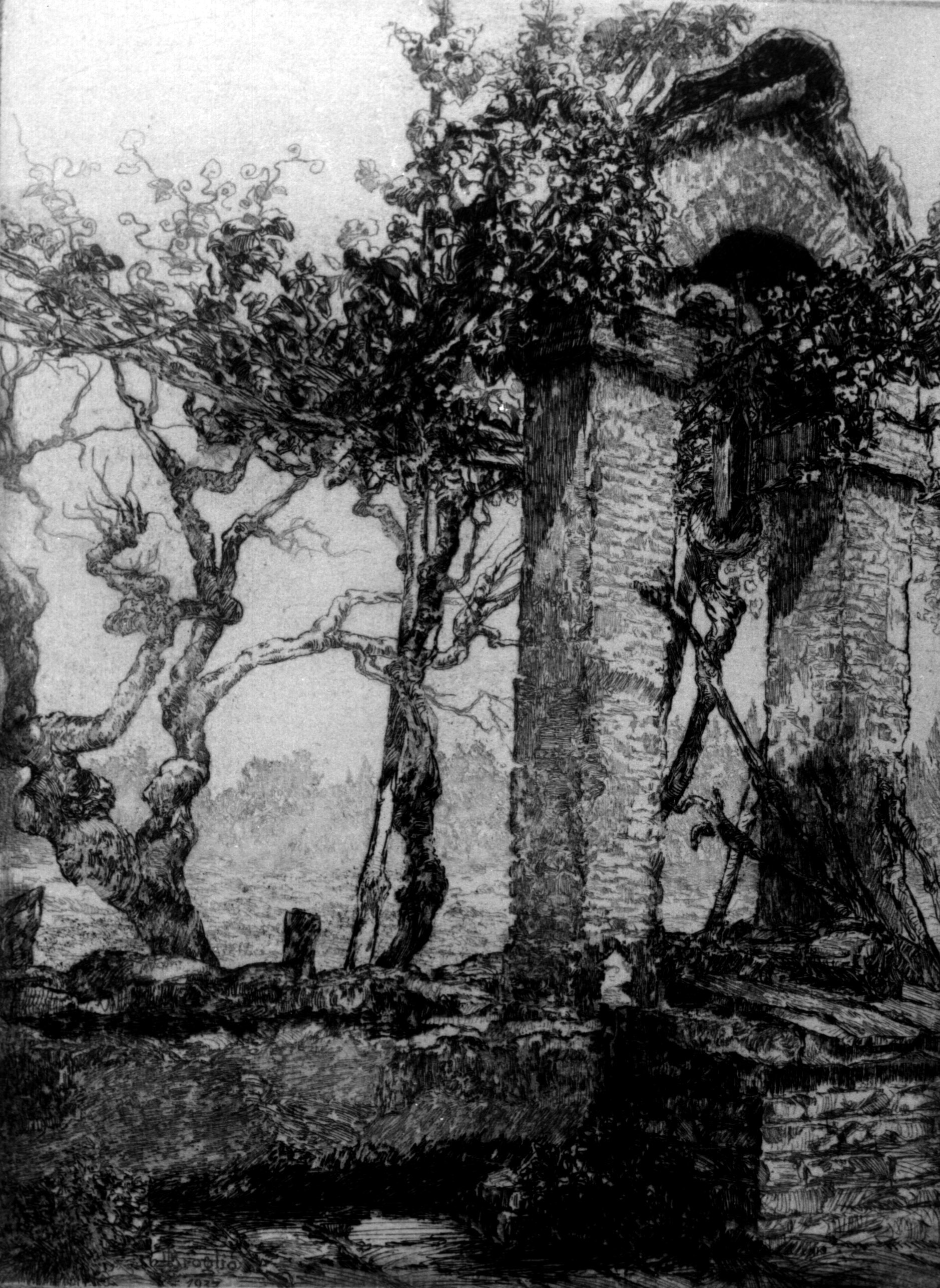 Il pozzetto carducciano, paesaggio con pozzo e alberi (stampa) di Broglio Dante (sec. XX)