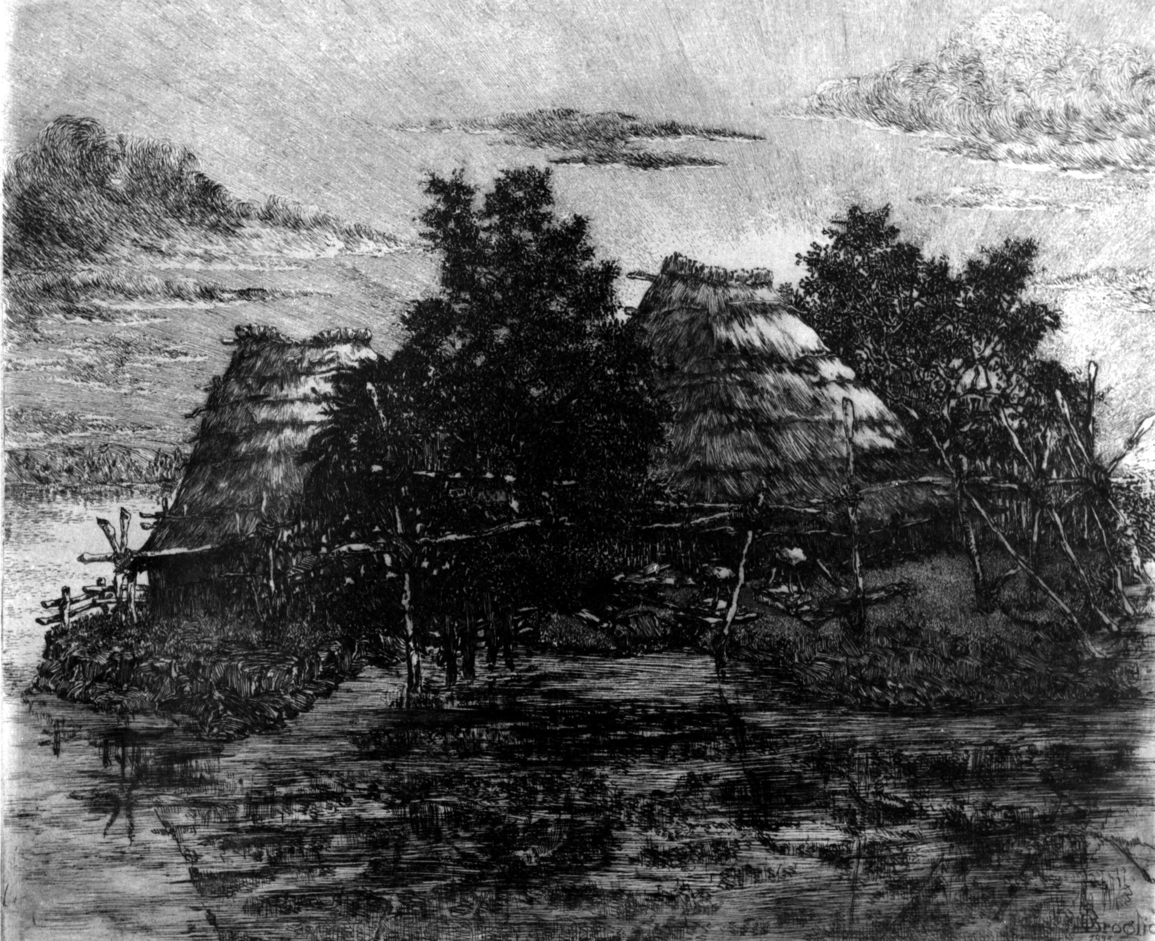 Nella laguna di Grado, paesaggio lagunare con due capanne di paglia e arbusti (stampa) di Broglio Dante (sec. XX)