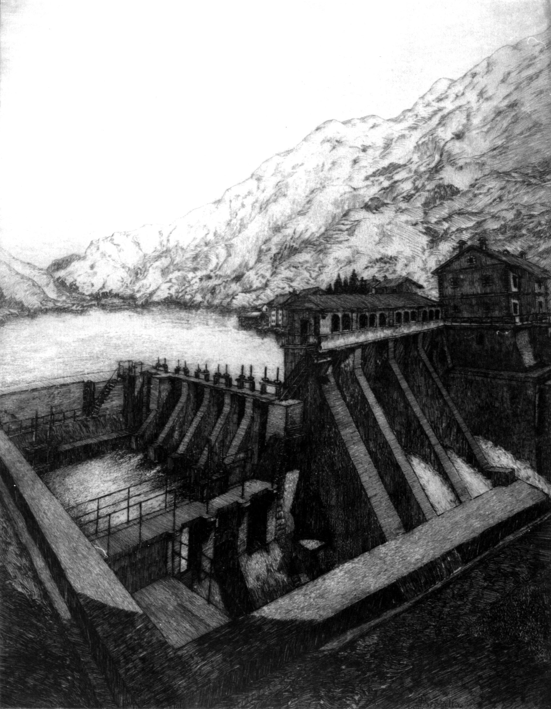 Sbarramento sul Liro, paesaggio montano con diga (stampa) di Broglio Dante (sec. XX)