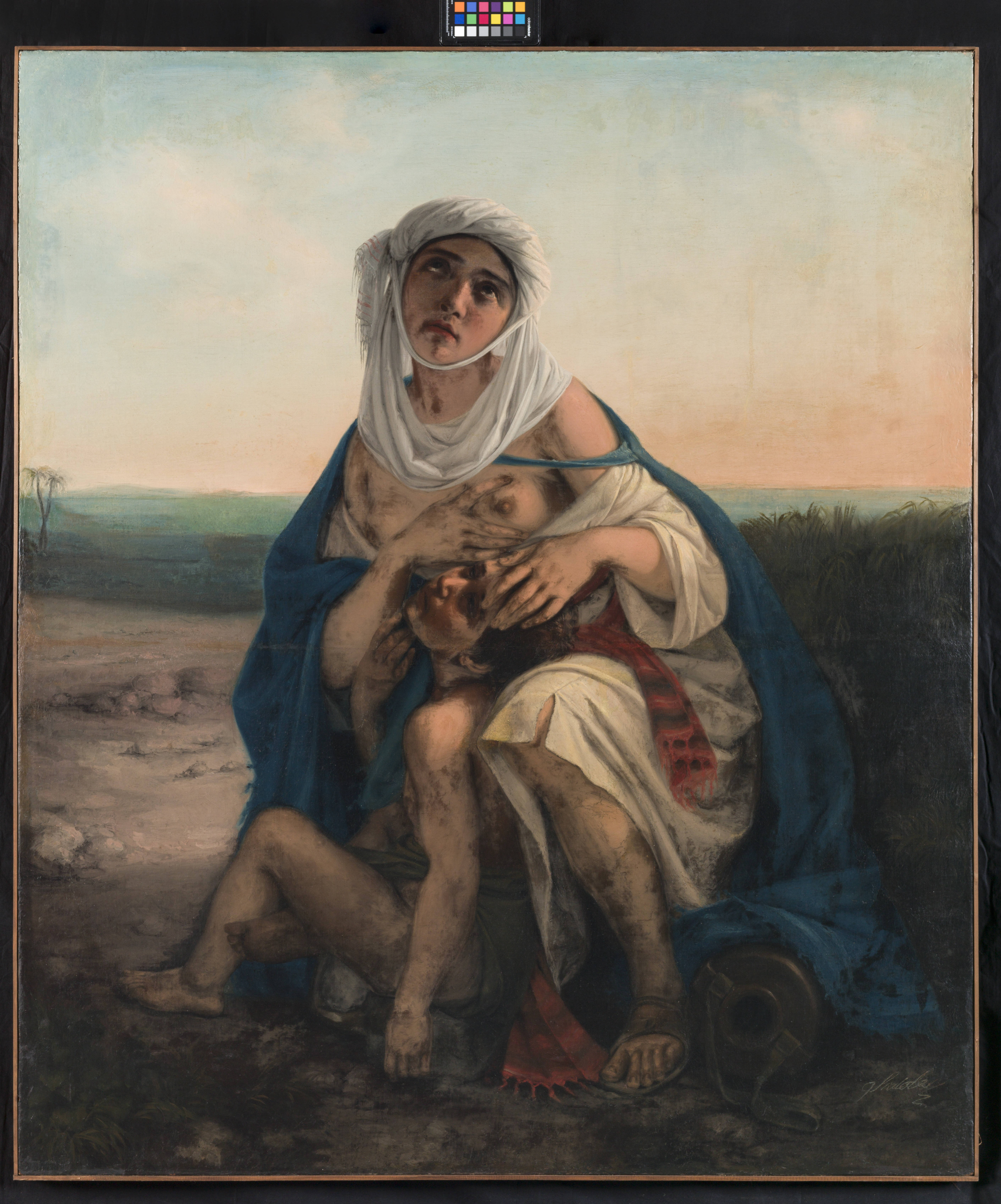 Agar nel deserto, scena biblica di agar e il figlio ismaele assetati nel deserto (dipinto, opera isolata) di Scattola Domenico (sec. XIX)