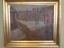 Neve in Cittadella, veduta cittadina innevata con piazza alberata, case e una passante (dipinto, opera isolata) di Kessler Aldo Ettore (sec. XX)