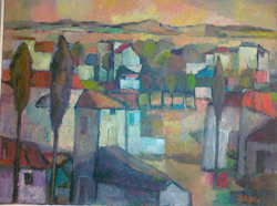 La quiete del borgo, veduta di agglomerato di case (dipinto, opera isolata) di Patuzzi Franco (sec. XX)