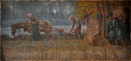 Il figlio mutilato, due vecchi coniugi arano mentre giovane siede con arti amputati (dipinto, opera isolata) di Dall'Oca Bianca Angelo (sec. XX)
