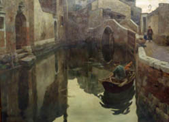 Canale a Venezia, veduta scorcio con figure (dipinto, opera isolata) di Scattola Ferruccio (sec. XIX)