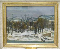 Nevicata, veduta di alberi e casa innevati (dipinto, opera isolata) di Vitturi Albano (sec. XX)