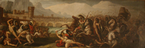 Battaglia presso un ponte, scena di battaglia con cavalieri d'epoca classica e città fortificata con ponte (dipinto, opera isolata) di autore ignoto (sec. XIX)