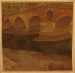 Il Ponte Pietra, veduta parziale del ponte dalla riva del fiume (dipinto, opera isolata) di Ronca Benvenuto (sec. XX)