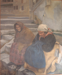 Vecchie di S. Stefano, due donne anziane ritratte sedute su una scalinata (dipinto, opera isolata) di Ronca Benvenuto (sec. XX)