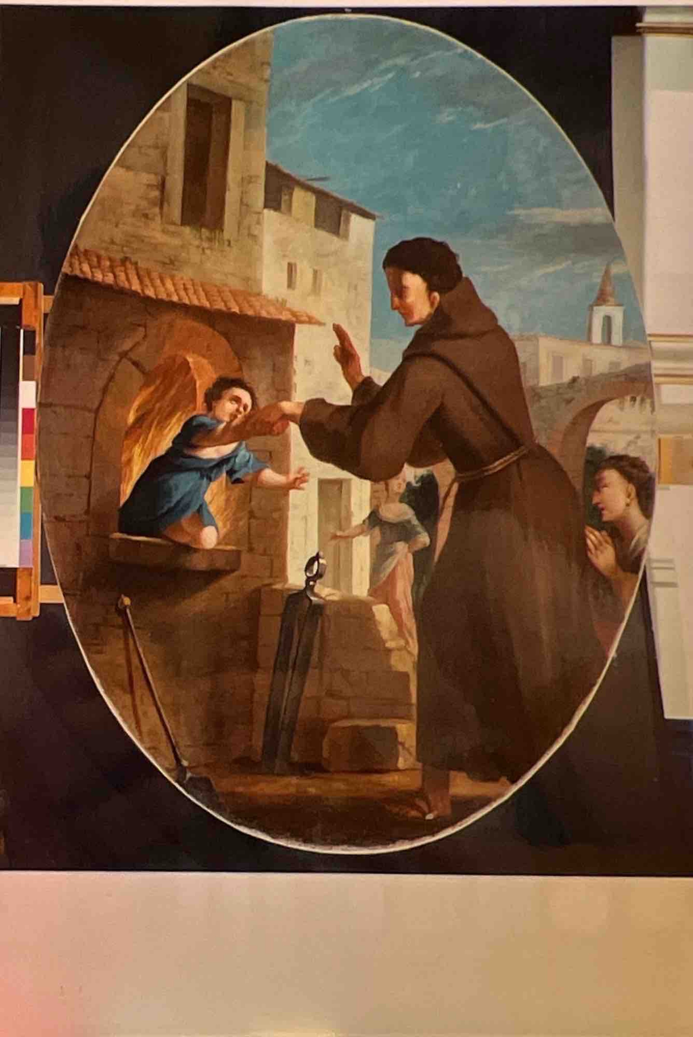 Miracolo di un santo francescano (Un bambino salvato dalla fornace) (dipinto, pendant) di Tortelli, Giuseppe (cerchia) - ambito bresciano (XVIII)