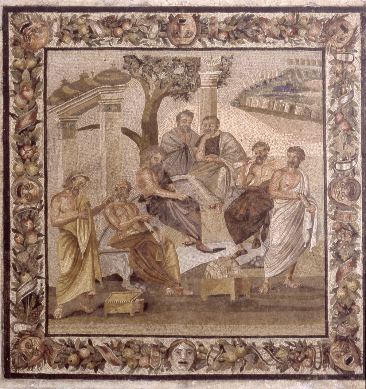 colloquio di filosofi (mosaico/ pavimentale, emblema) (fine/ inizio SECOLI/ ARCHI DI SECOLI/ II a.C -I a.C)