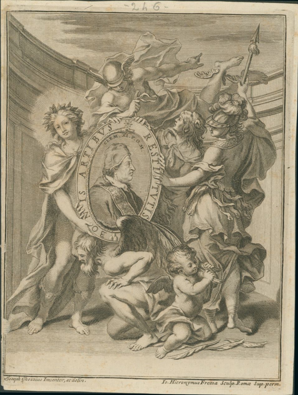 Roma tutrice delle belle arti (stampa) di Ghezzi, Giuseppe, Frezza, Giovanni Girolamo (fine/ inizio XVII/XVIII)