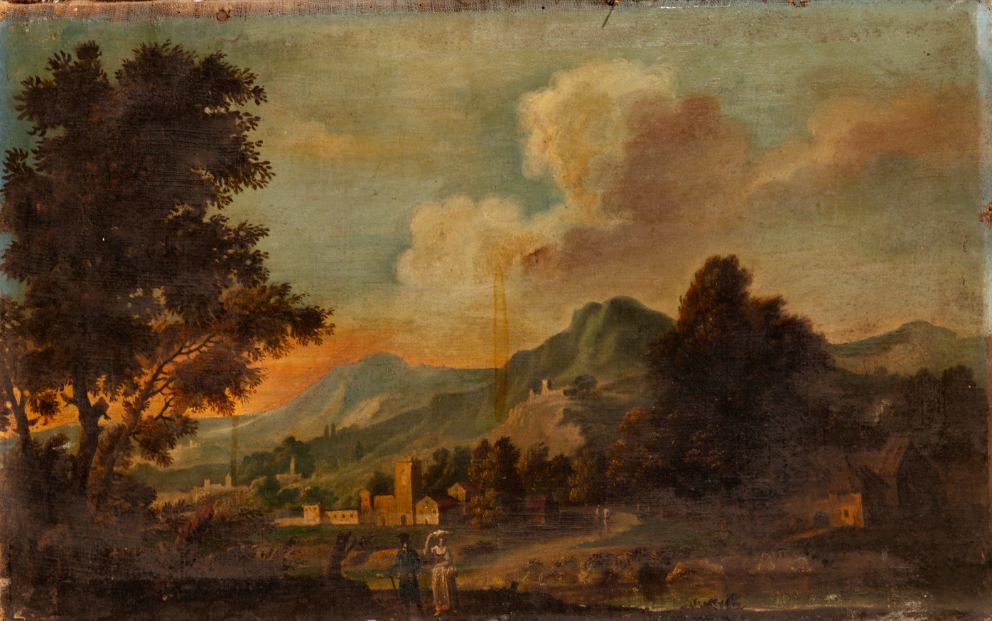 Paesaggio con un fiume, due persone e uno sfondo collinare con città (dipinto, pendant) di Porta Andrea - ambito veneto (anni sessanta XVIII-XIX)