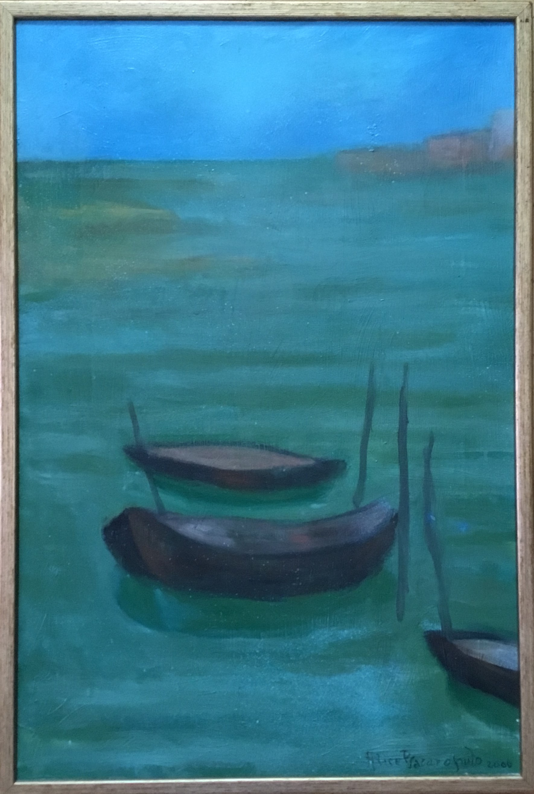 Barche in laguna, Tecnica mista su tela con barche in laguna (dipinto, opera isolata) di Alice Psacaropulo (attribuito) - ambito Italia nord-orientale (inizio XXI)