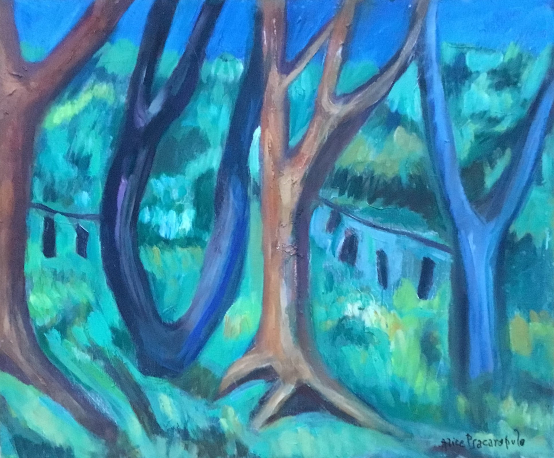 Alberi a Tegucigalpa, Veduta rappresentante in primo piano alberi in un paesaggio (dipinto, opera isolata) di Alice Psacaropulo (attribuito) - ambito Italia nord-orientale (seconda metà XX)