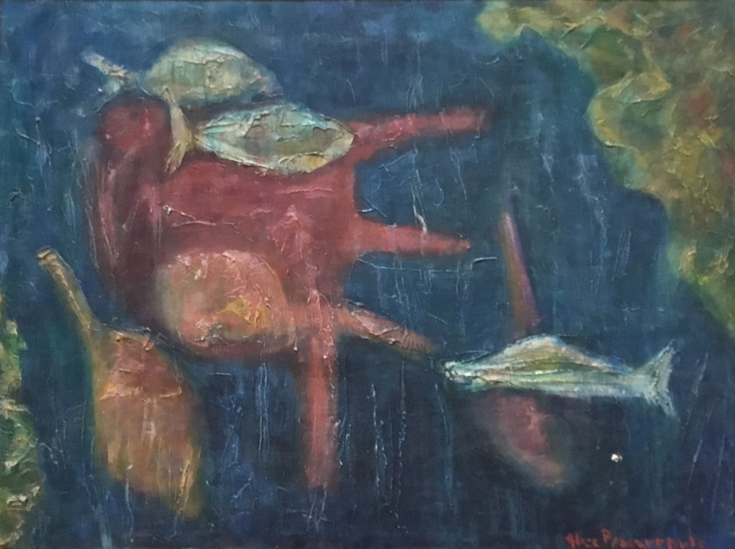 Anfore sommerse, Veduta degli abissi marini con anfore e pesci (dipinto, opera isolata) di Alice Psacaropulo (attribuito) - ambito Italia nord-orientale (seconda metà XX)