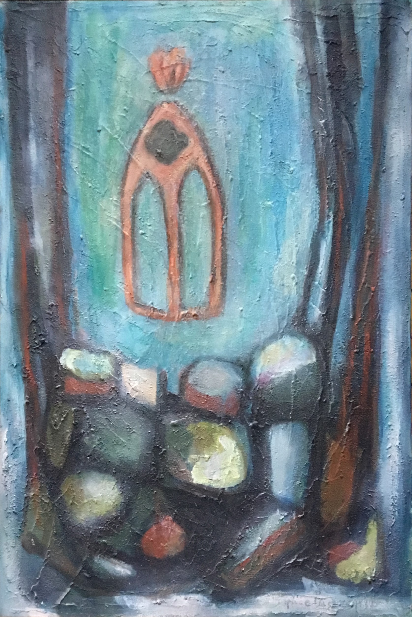 L'acqua e le pietre, Rappresentazione fantastica finestra gotico veneziana sovrastante una massicciata di pietre (dipinto, opera isolata) di Alice Psacaropulo (attribuito) - ambito Italia nord-orientale (seconda metà XX)