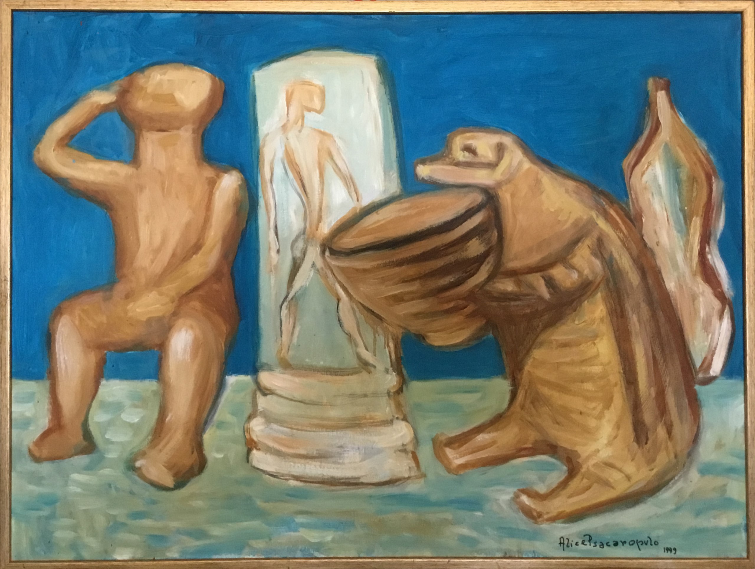 Gli idoli si divertono 1, Rappresentazione allegorica con idoli cicladici (dipinto, opera isolata) di Alice Psacaropulo (attribuito) - ambito Italia nord-orientale (fine XX)