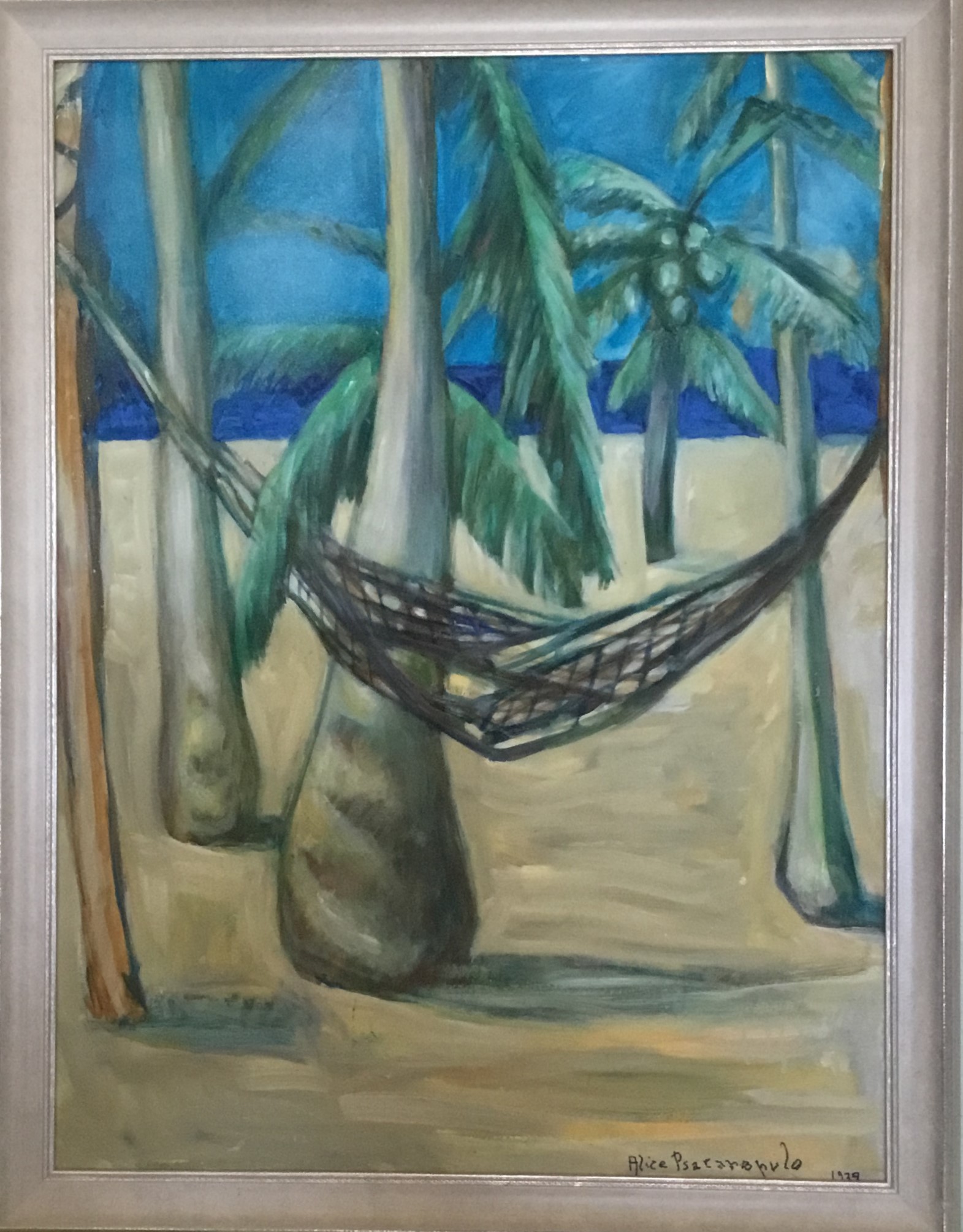 Amaca fra le palme 2, Paesaggio con palme e amaca (dipinto, opera isolata) di Alice Psacaropulo (attribuito) - ambito Italia nord-orientale (seconda metà XX)