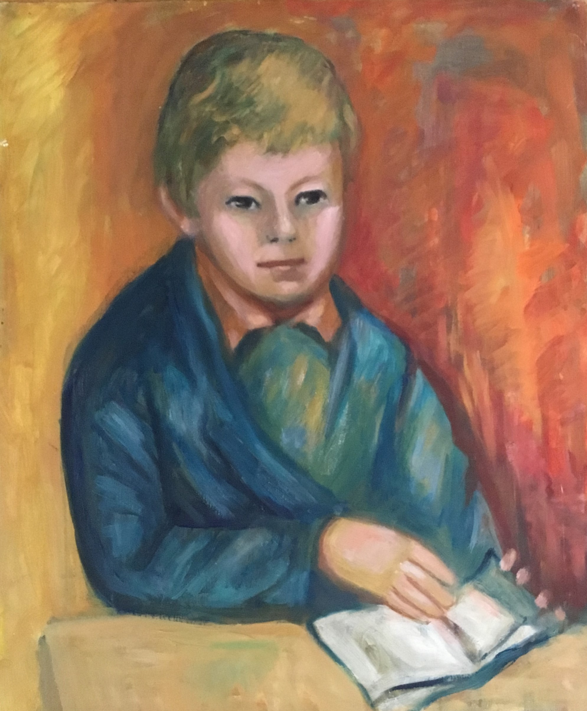 Ritratto di Michele Casaccia che sospende la lettura, Ritratto di bambino con libro (dipinto, opera isolata) di Alice Psacaropulo (attribuito) - ambito Italia nord-orientale (fine XX)