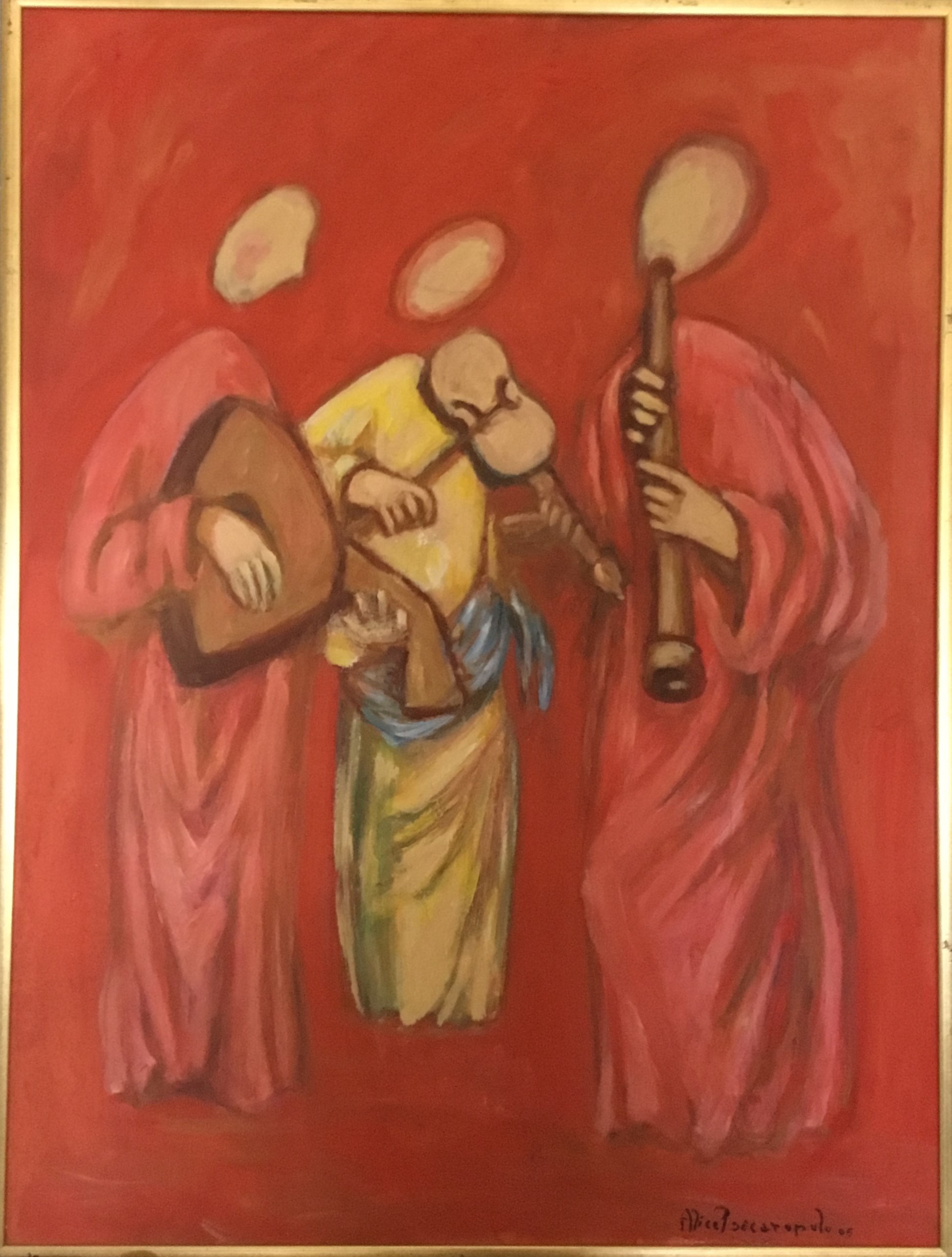 Trio con liuto e ribeca, Tre musicanti stanti su sfondo rosso (dipinto, opera isolata) di Alice Psacaropulo (attribuito) - ambito Italia nord-orientale (inizio XXI)