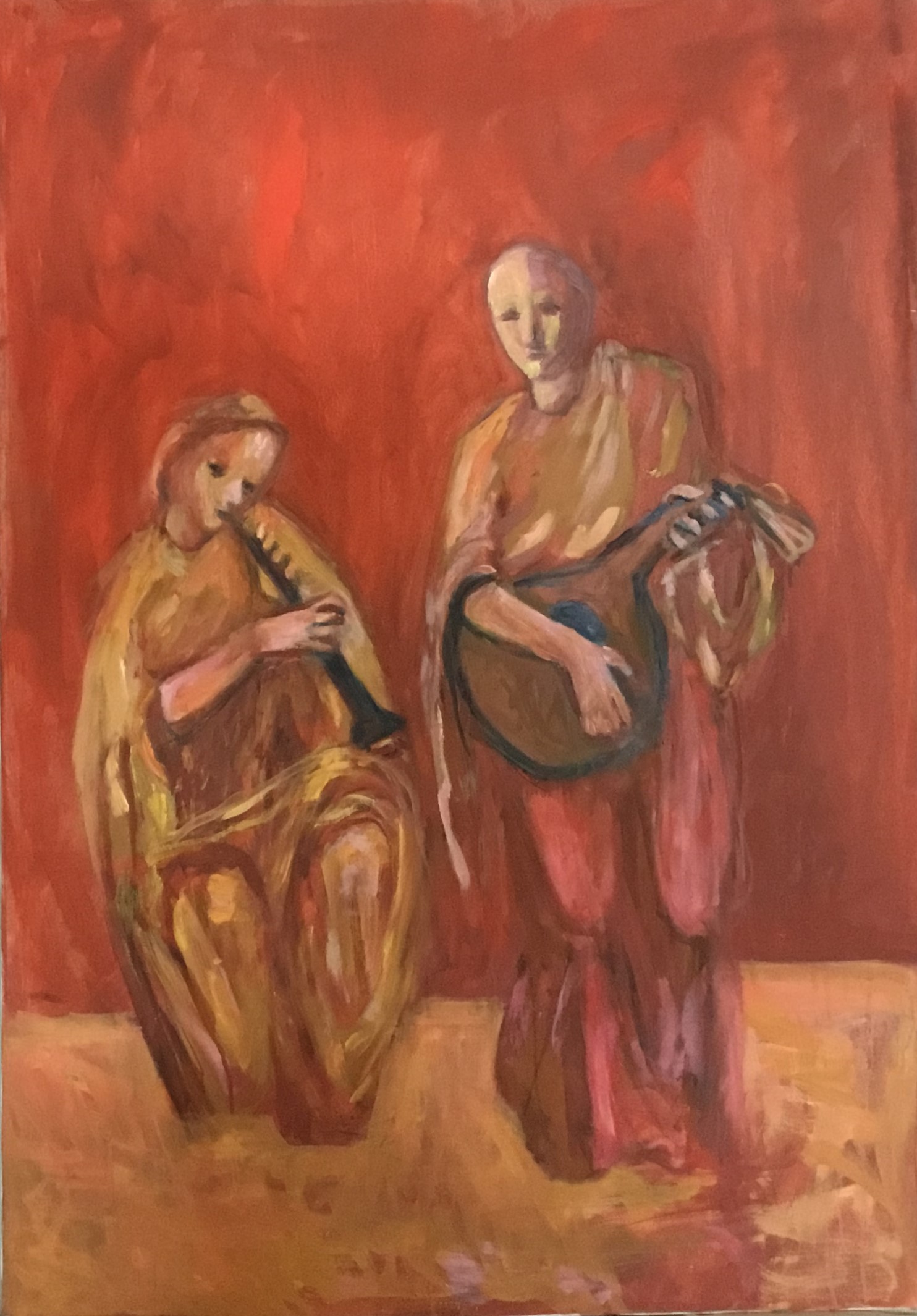 Duo concertante, Due figure di musicisti una seduta l'alta stante in atto di suonare (dipinto, opera isolata) di Alice Psacaropulo (attribuito) - ambito Italia nord-orientale (fine XX)