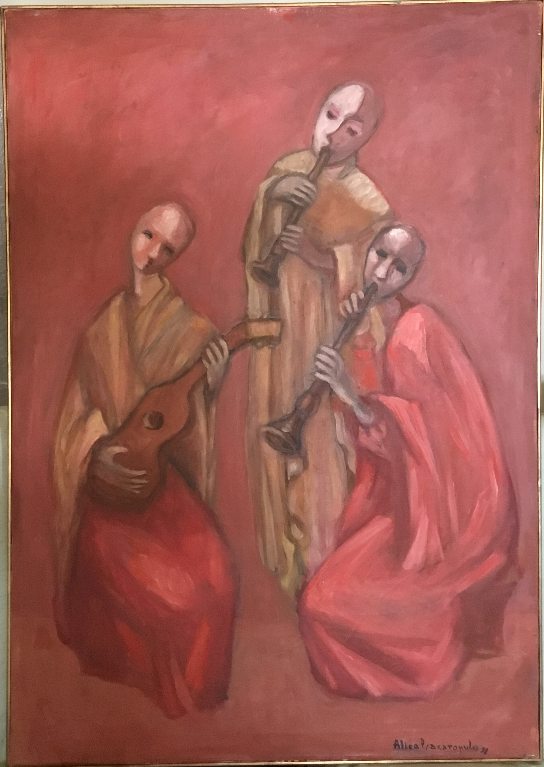 Trio barocco, Tre figure di musicisti in atto di suonare su sfondo rosso (dipinto, opera isolata) di Alice Psacaropulo (attribuito) - ambito Italia nord-orientale (fine XX)