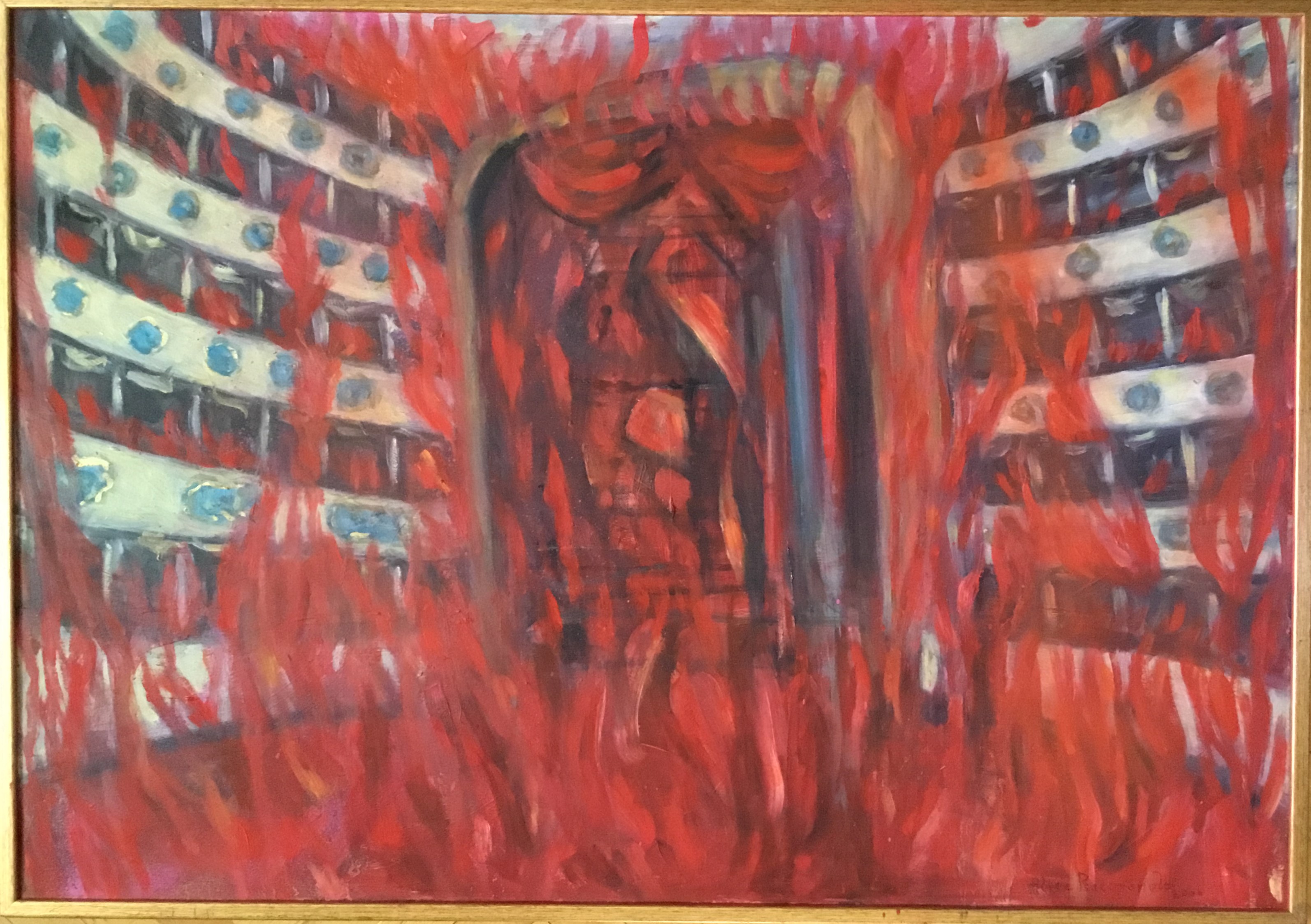 Il teatro La Fenice in fiamme (2), Incendio del teatro La Fenice di Venezia (dipinto, opera isolata) di Alice Psacaropulo (attribuito) - ambito Italia nord-orientale (inizio XXI)