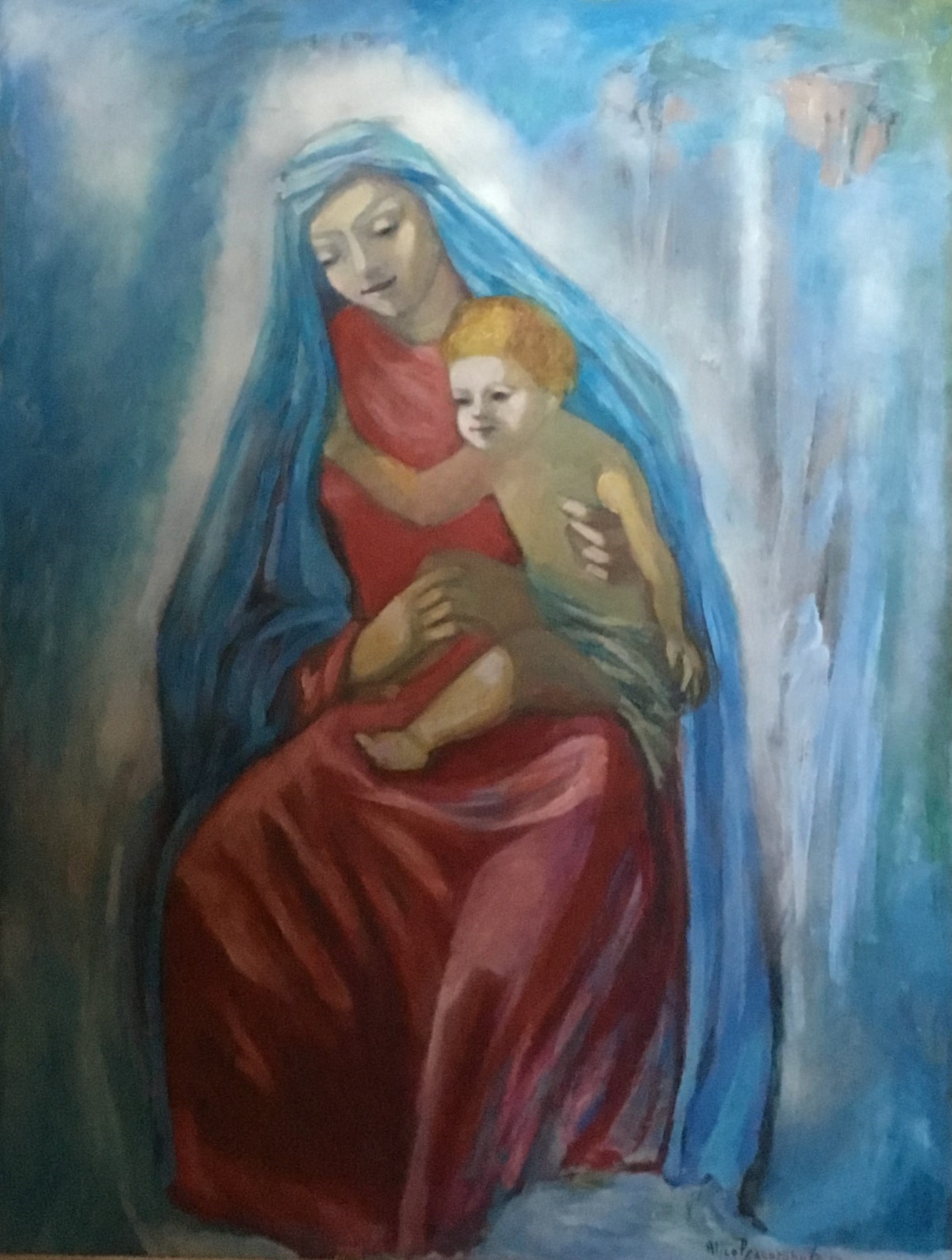 Mater Amabilis, Madonna col Bambino (dipinto, opera isolata) di Alice Psacaropulo (attribuito) - ambito Italia nord-orientale (fine XX)
