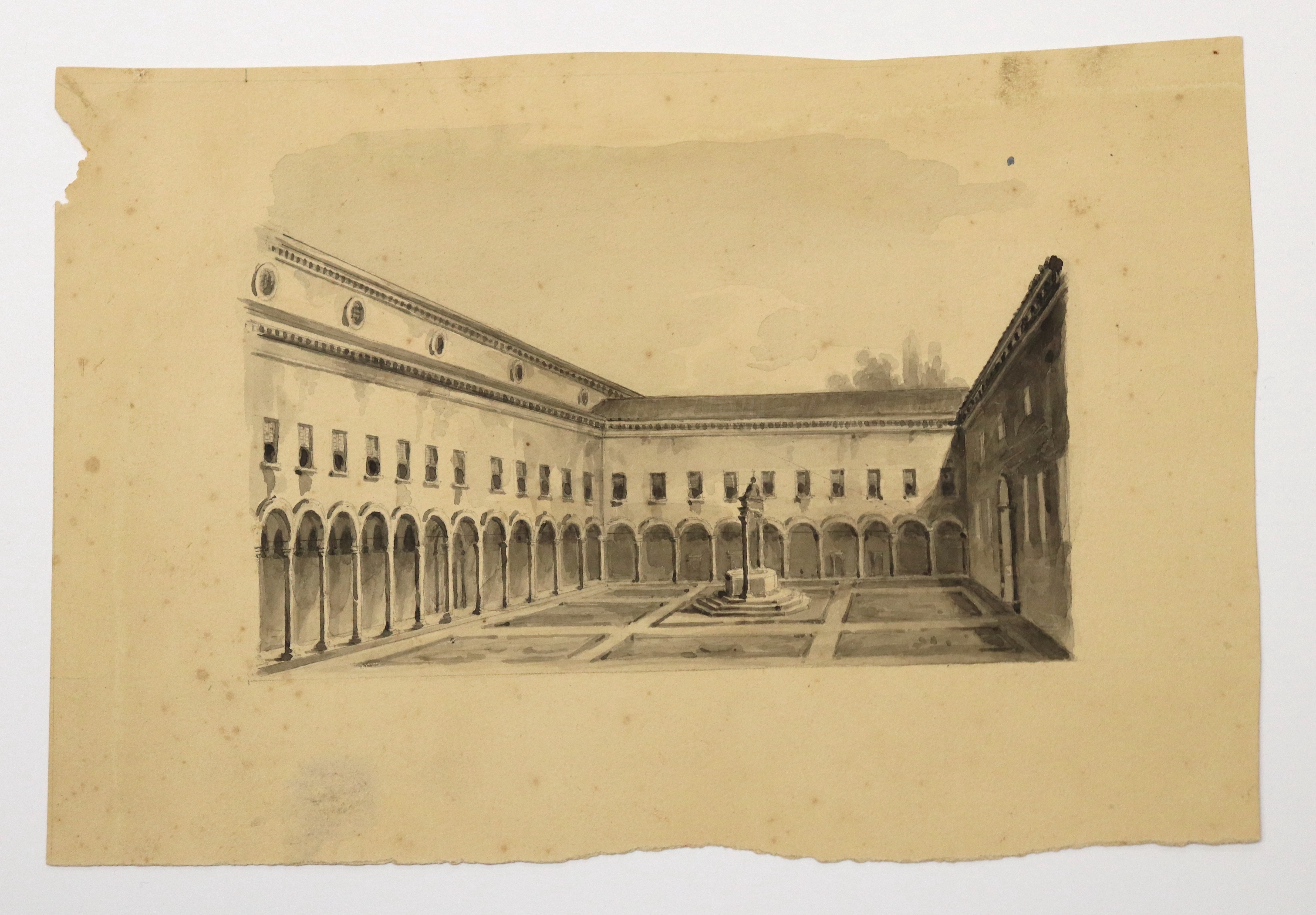 Veduta del primo chiostro di San Michele in Bosco (disegno, elemento di serie) - ambito emiliano (seconda metà XIX)