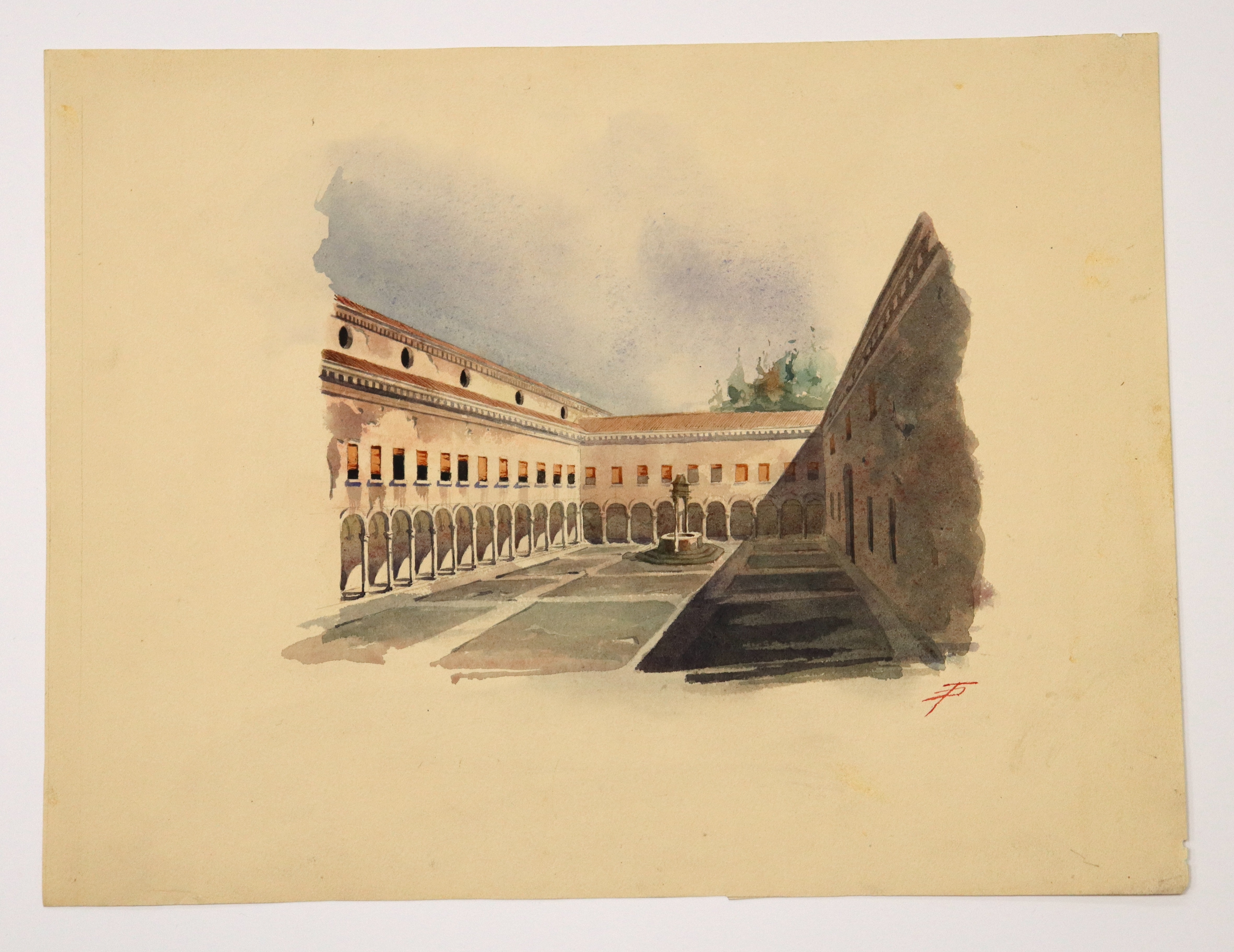 Veduta del primo chiostro di San Michele in Bosco (disegno, elemento di serie) - ambito emiliano (fine/ inizio XIX-XX)