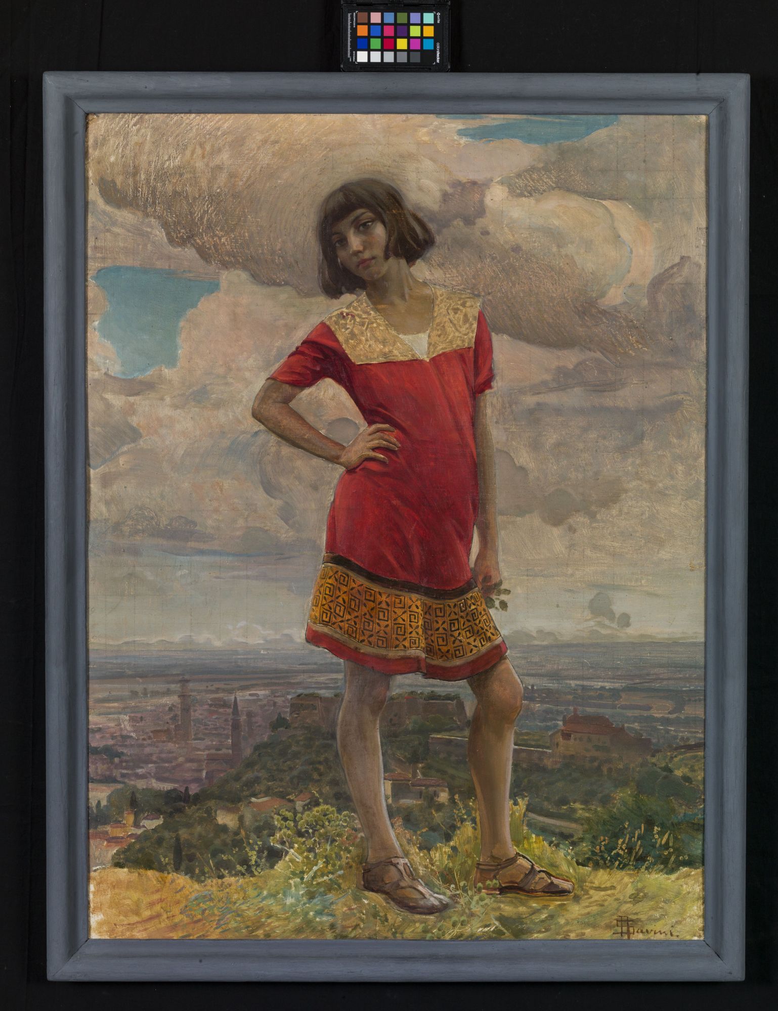 Dall'alto di Castel San Felice (Ritratto di mia figlia), ritratto femminile (dipinto, opera isolata) di Savini, Alfredo - ambito italiano (primo quarto XX)