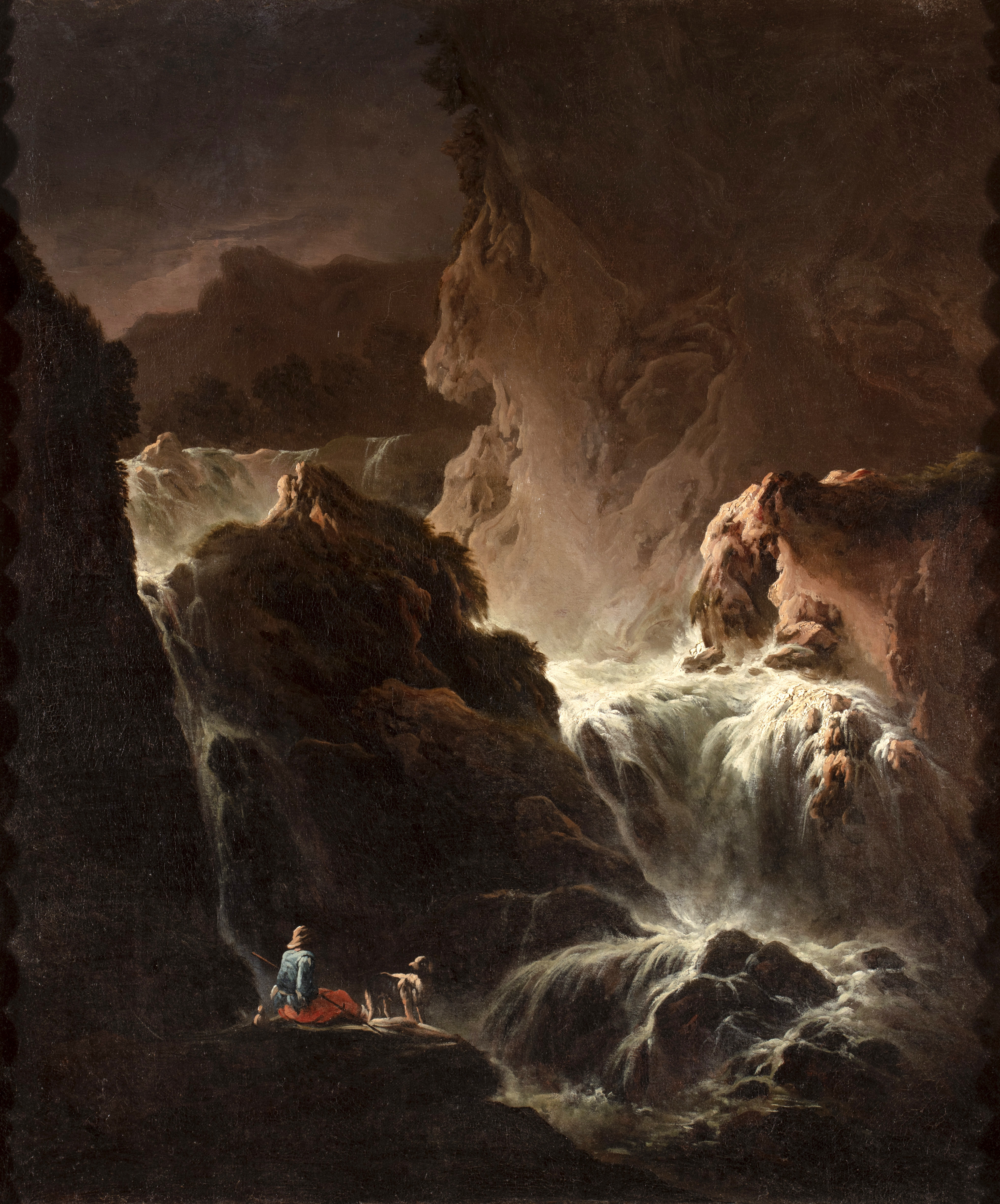 Cascata con pastore e cane, Cascata con pastore e cane (dipinto, pendant) di Roos Philipp Peter (maniera) - ambito romano (terzo quarto XVII secolo)