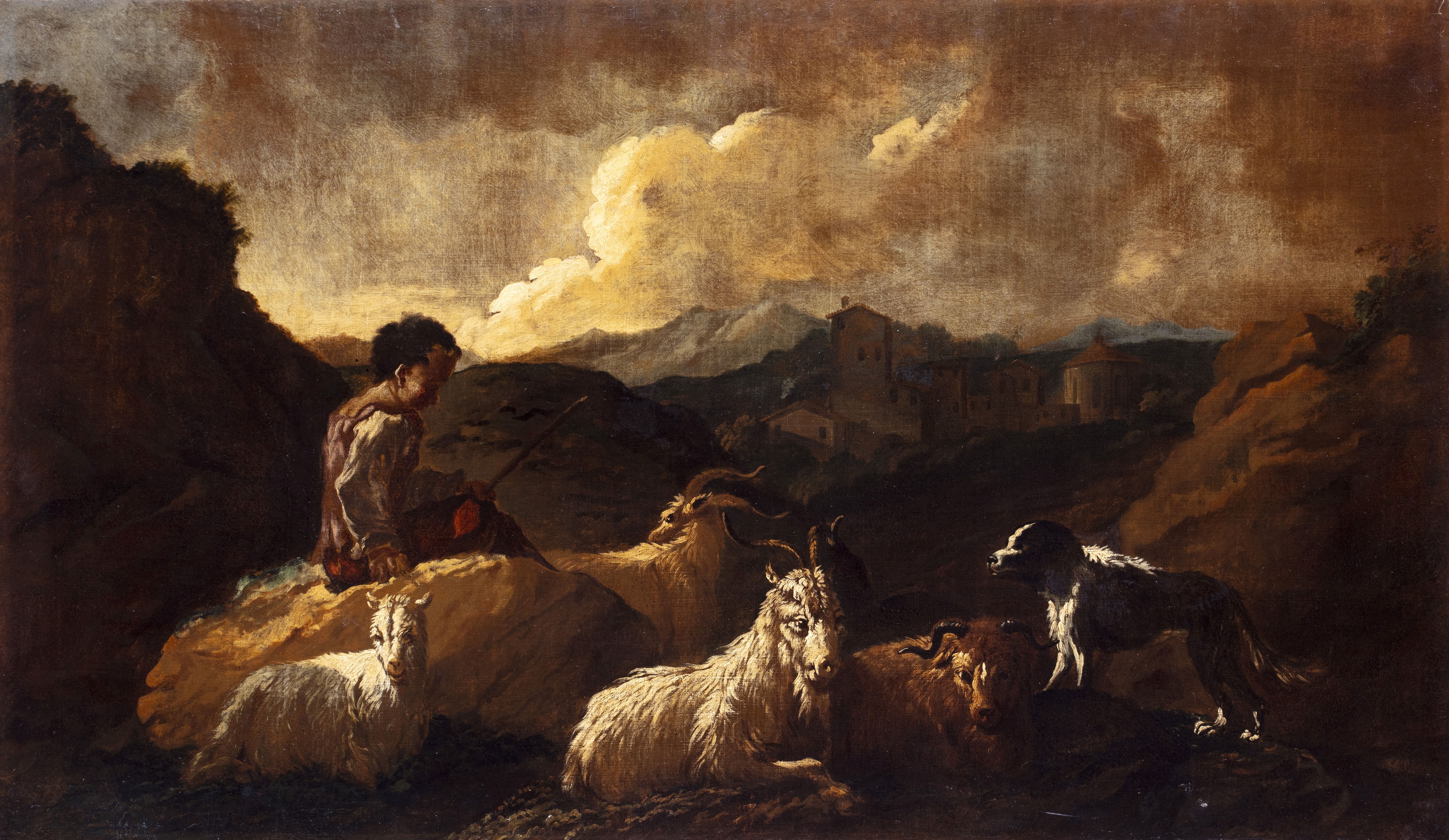 Pastore con gregge e cane, Pastore con gregge e cane (dipinto, pendant) di Roos Philipp Peter (maniera) - ambito romano (fine XVII secolo)