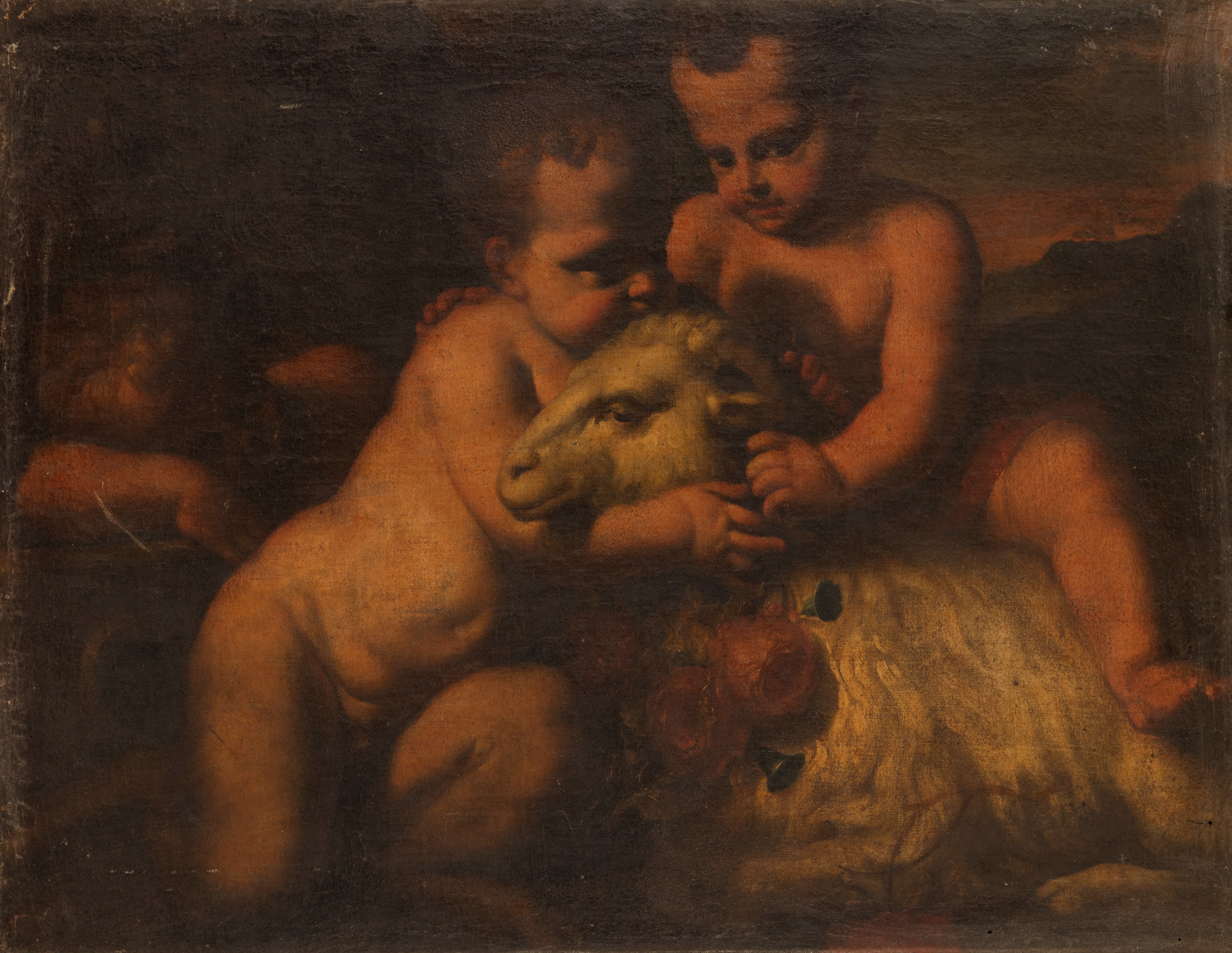 Putti con una pecora, Putti con una pecora (dipinto, opera isolata) di Cignani Carlo (maniera) - ambito emiliano (ca XVIII secolo)