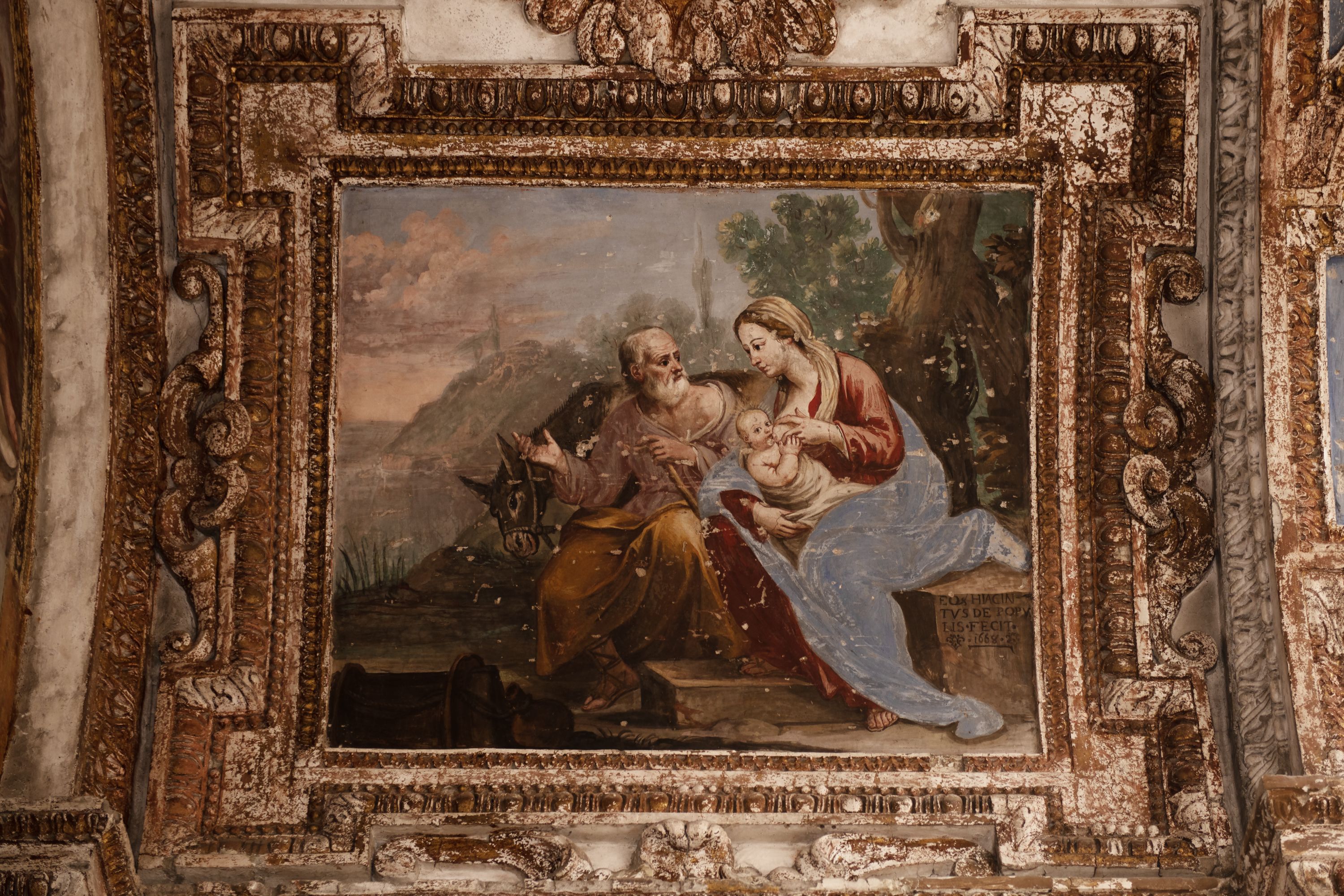 riposo nella fuga in Egitto con la Madonna che allatta Gesù Bambino (decorazione plastico-pittorica, elemento d'insieme) di De Popoli Giacinto (sec. XVII)