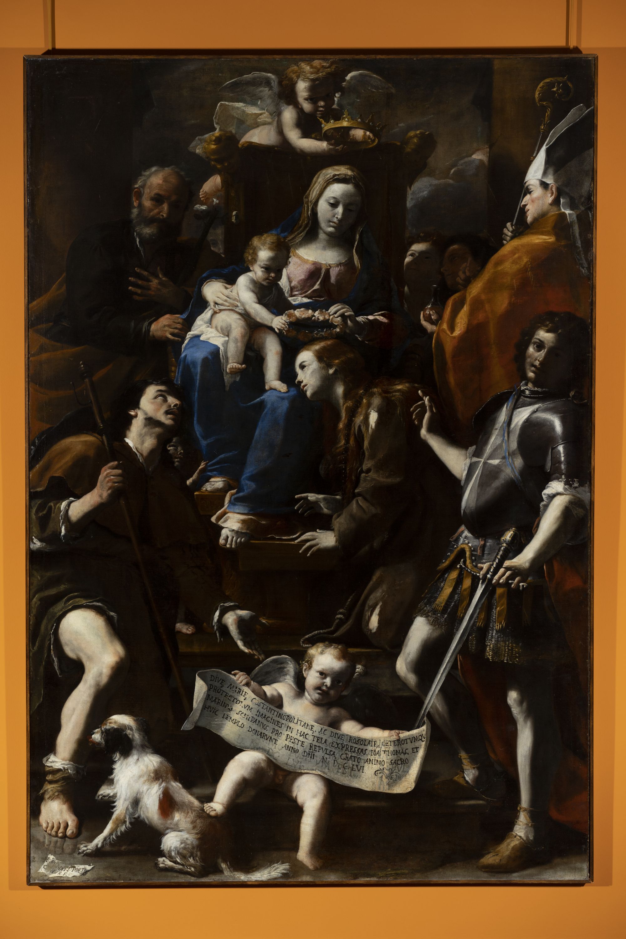 Madonna di Costantinopoli, Madonna col Bambino e i Santi Giuseppe, Gennaro, Rocco, Rosalia e Michele (dipinto) di Preti Mattia (sec. XVII)